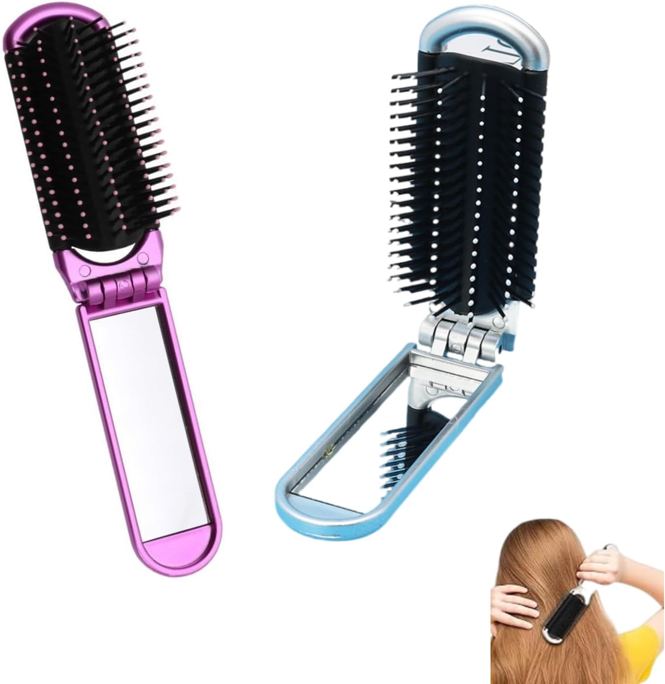 2 PCS Folding Travel Hairbrush Set,With Mirror,Portable Mini Compact,For Family Bag,Anti-Static,Massage Comb Hair Styling Tools for Travel Gym Purse (Purple, Silver) image number 3