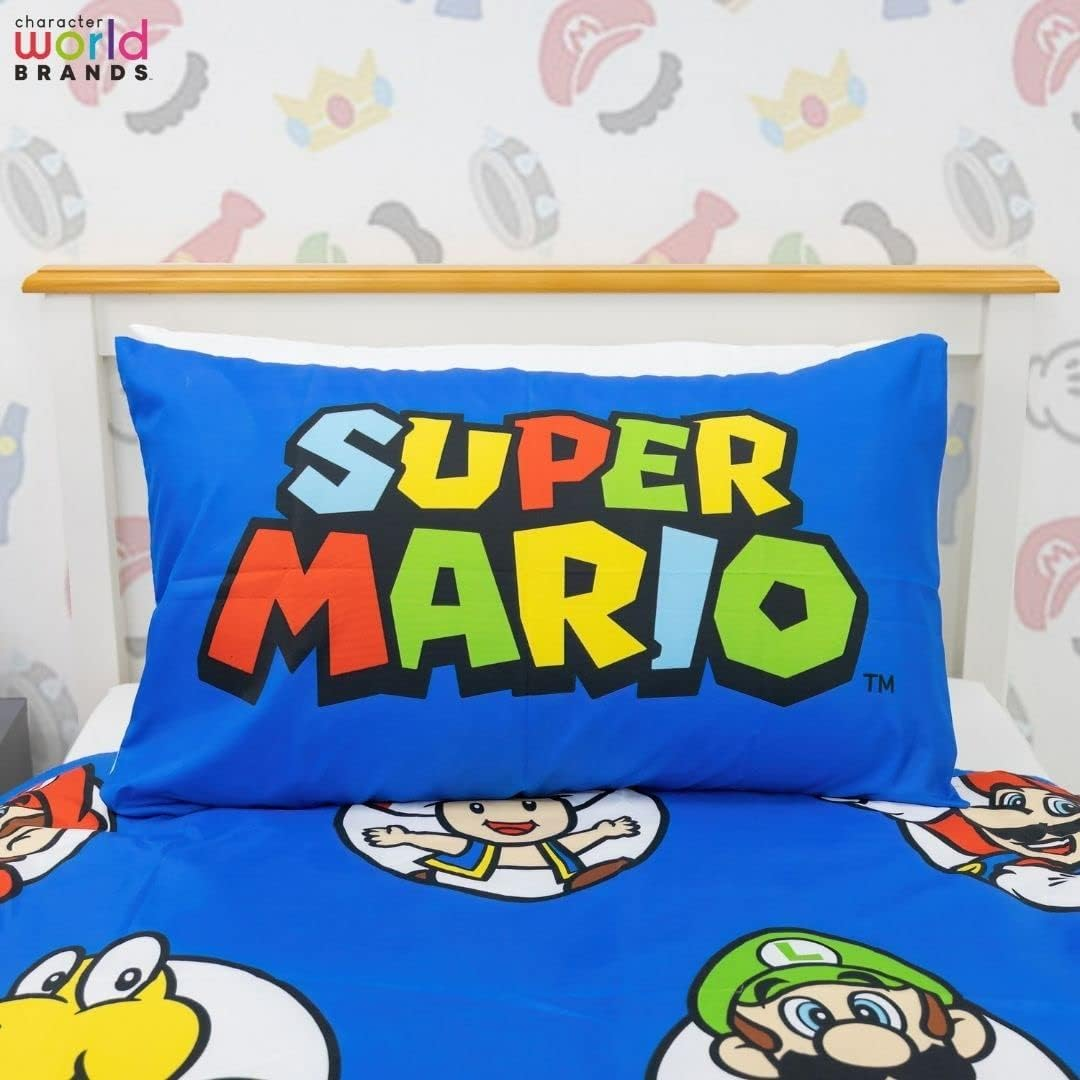 Nintendo Super Mario Official Single Duvet Cover Set, Continue Design | Blue Reversible 2 Sided Bedding Cover Official Merchandise Including Matching Pillow Case image number 4