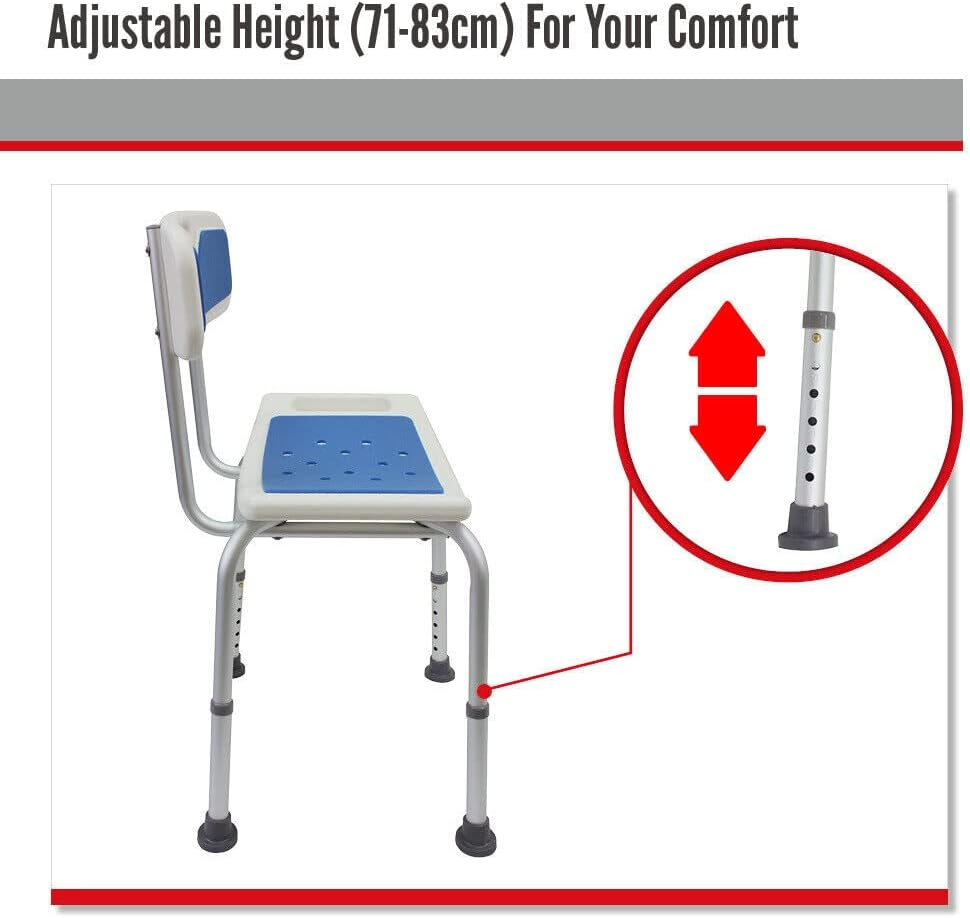 Aluminium Shower Seat Chair Stool Bench with Backrest Soft Pad Adjustable Height