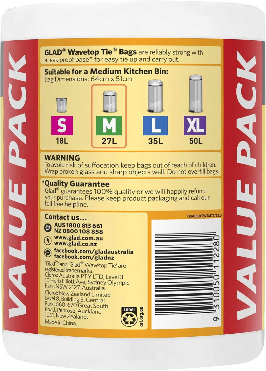 Glad Wavetop Tie Kitchen Tidy Bags, 72 Medium Garbage Bags, Medium Size Fits 27L Bin, 72 Count image number 1