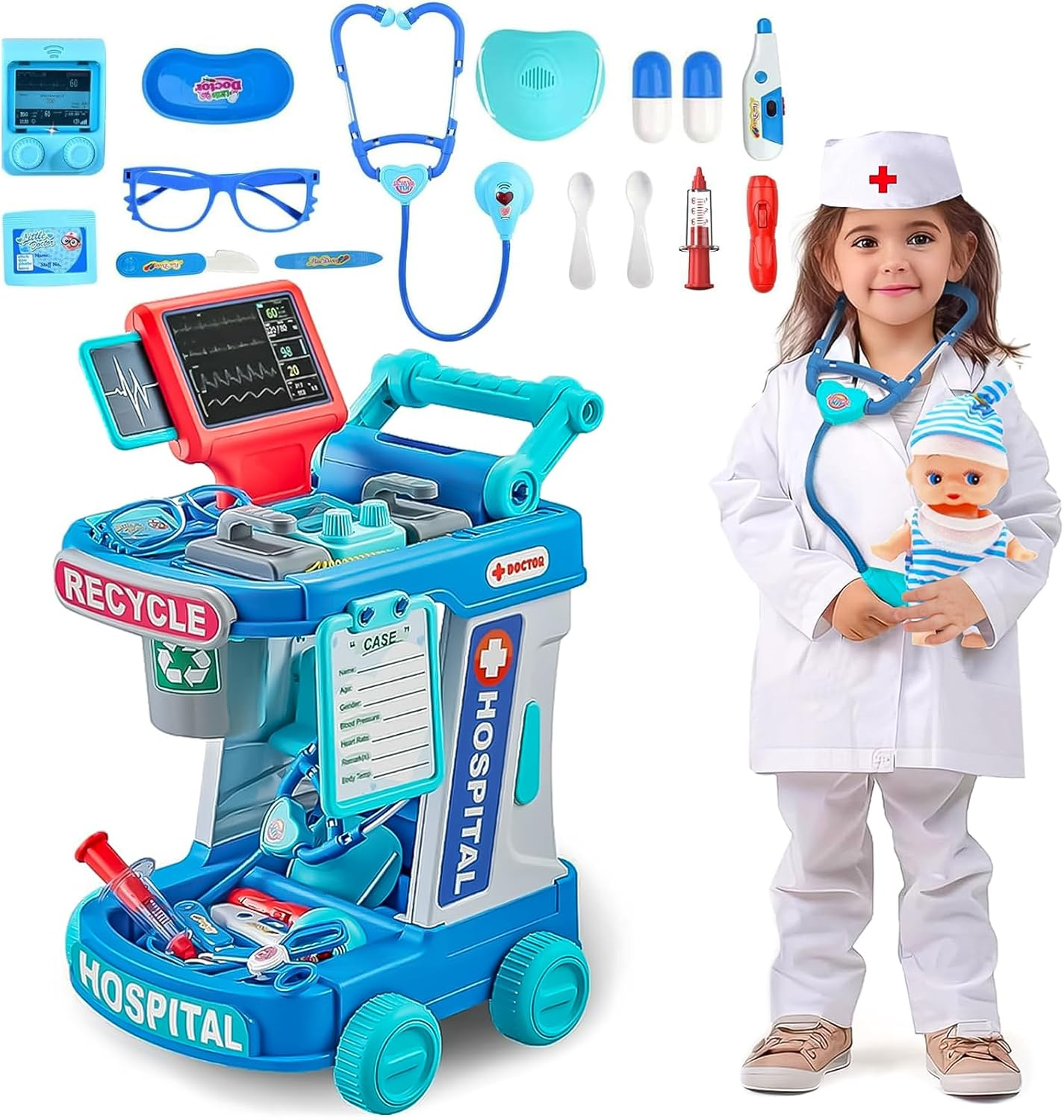 Doctor Play Sets for Kids with Medical Rolling Cart,Doctor Costume Stethoscope and Doll,Role Play Medical Toy for Kids Aged 3 4 5 image number 1