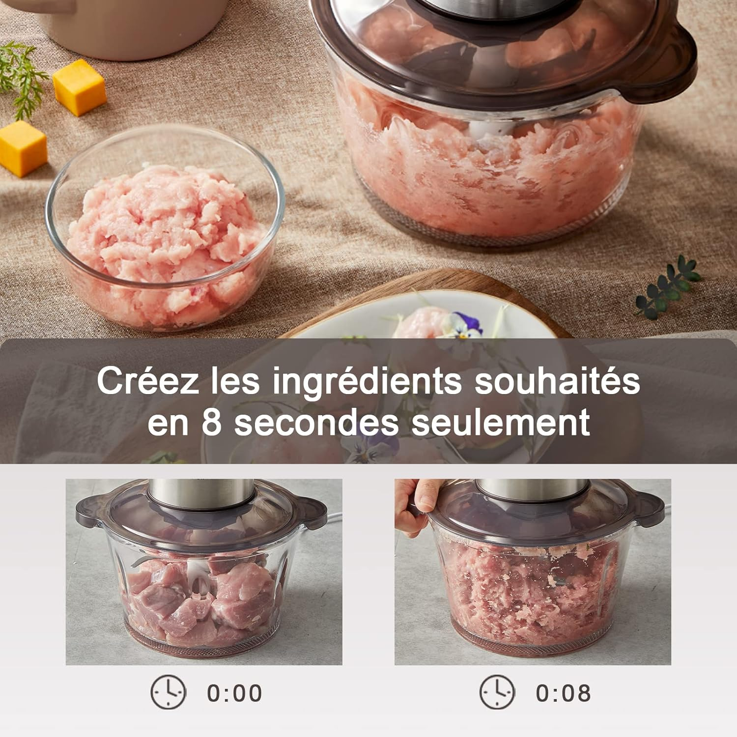 Bear 2L Food Processors 300W Electric Vegetable Chopper Glass Container with 4-304 Stainless Steel Knife for Meat, Smoothie, Onions, Fruit, Vegetables image number 1