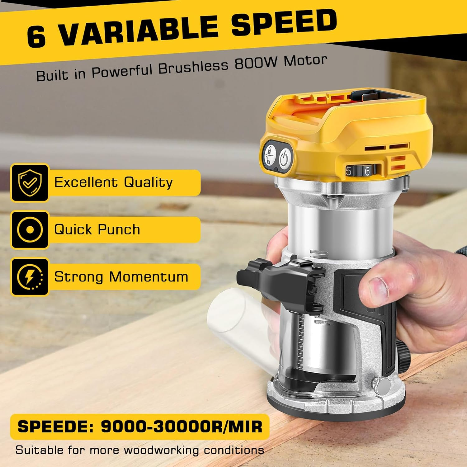 Cordless Power Router Compatible with Dewalt 18V-20V Battery, 800W Brushless Wood Trimmer with 6 Speed, Brushless Router Trimmer, Cordless Wood Trimmer, Straight Guide, 15 Milling Bits and 2 Spanners image number 2