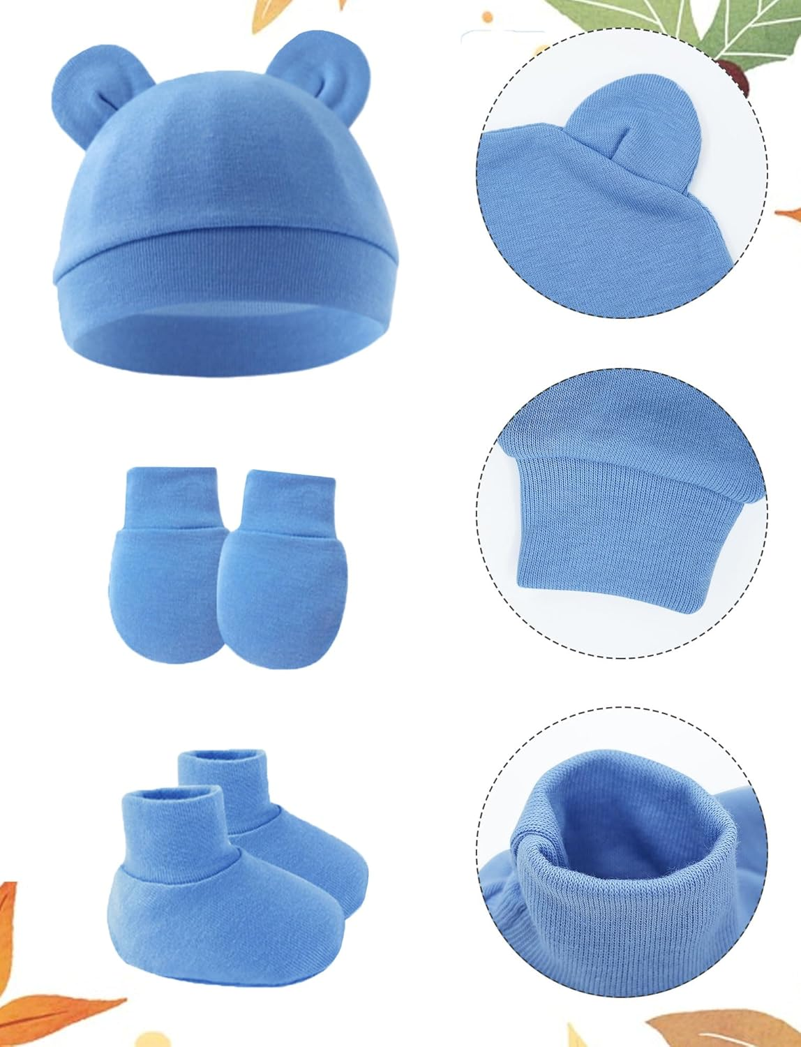 SEAUR Baby Cotton Hat, Mittens, Caps and Socks Set - Newborn Infant Hospital Hats and Mitten Set - Cute Beanie image number 4