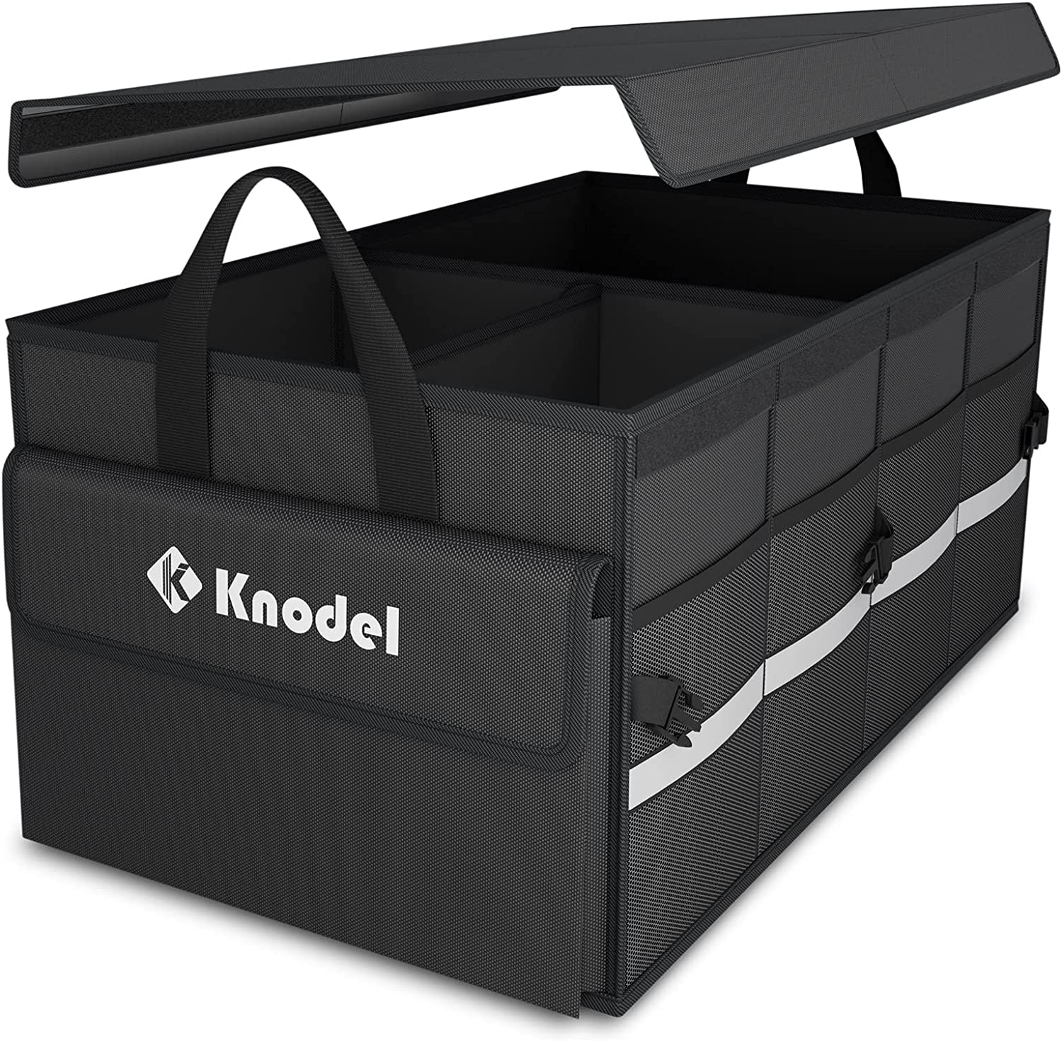 K KNODEL Car Boot Organiser with Foldable Cover, Car Boot Organiser Storage, Large Boot Tidy for Car, Car Boot Storage Box and Bag, Car Trunk Organiser for Small Car and Suv, (2C, Black)