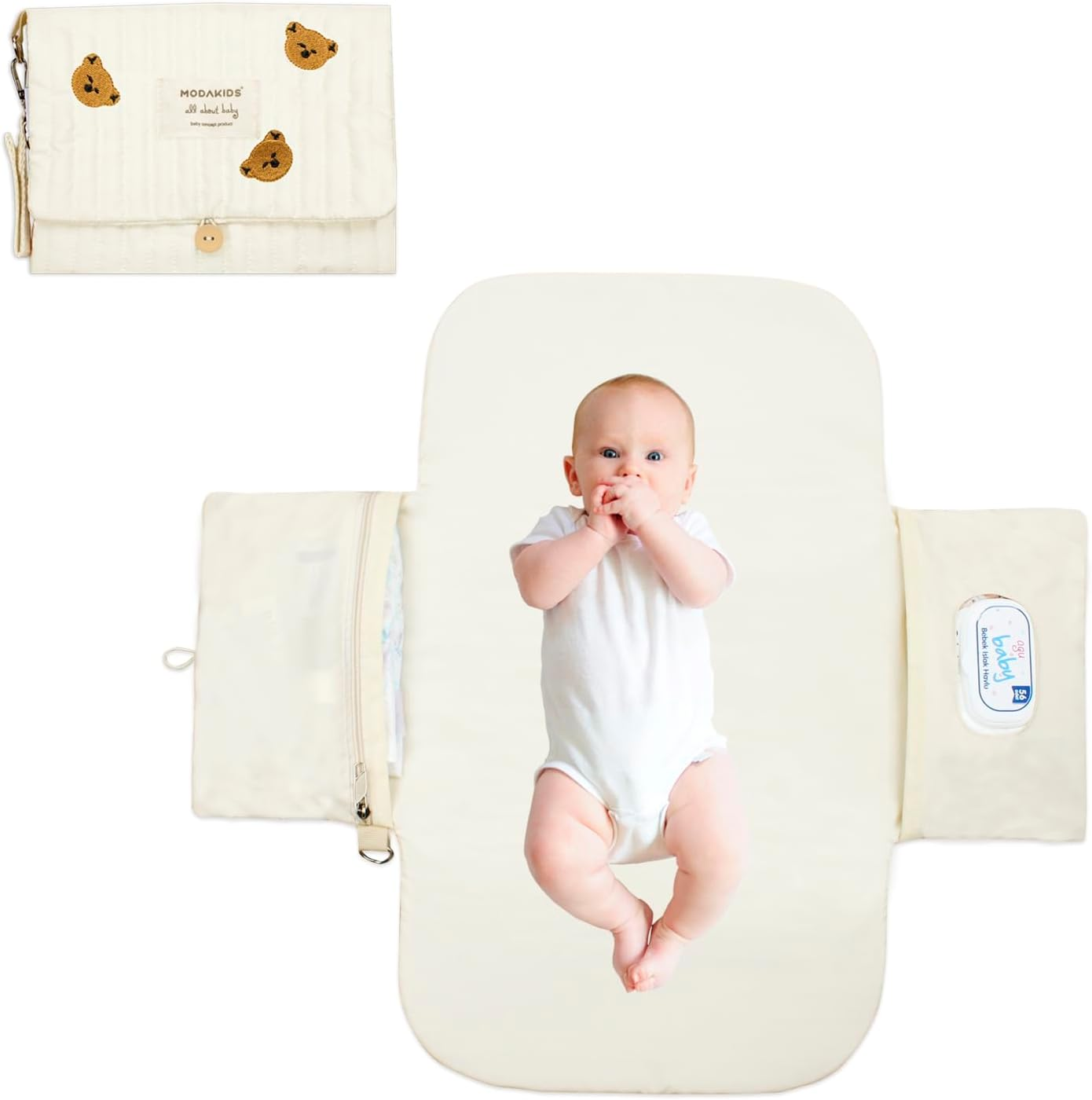 Portable Diaper Changing Pad, With, for Newborn Girl & Boy with Smart Wipes Pocket, Easy-Clean, Waterproof, Soft, Comfortable Foldable Baby Changing Pad (Bear)