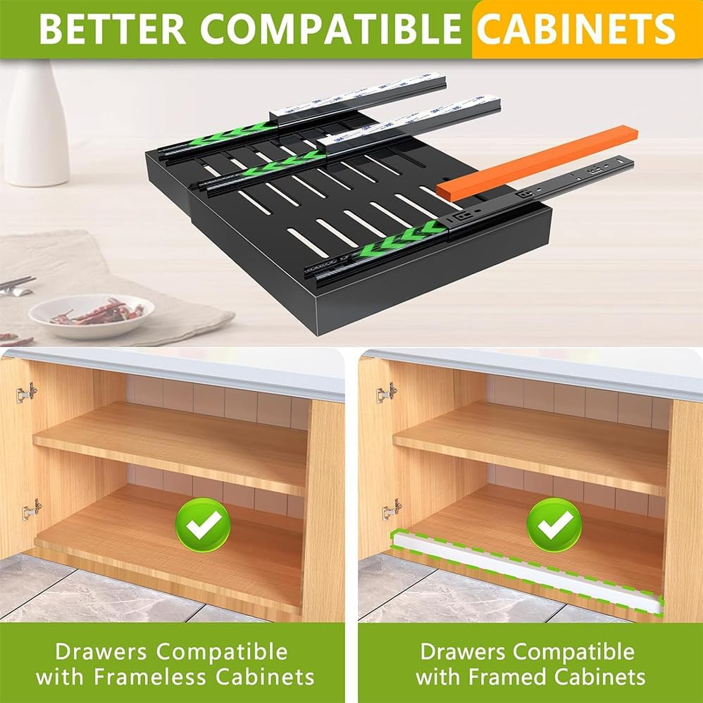 Betterlifewj Expandable Cabinet Organizer Drawer. 2 Pack. Width: 32Cm to 52Cm, Length 42Cm. Height 7.5Cm. Slide-Out Drawer Design Makes It Easier and Faster to Get Things. image number 1