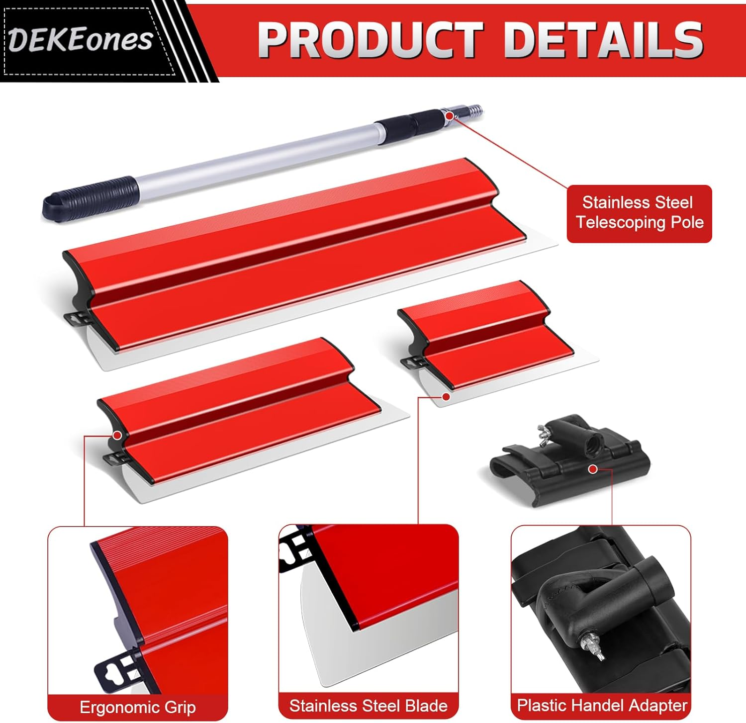 Dekeones Drywall Skimming Blade Set, Stainless Steel 10",16" & 24" Skimming Blades with 28"-62" Extension Handle Pole, Professional Drywall Skimming Tools for Smoothing Wall and Ceiling image number 1