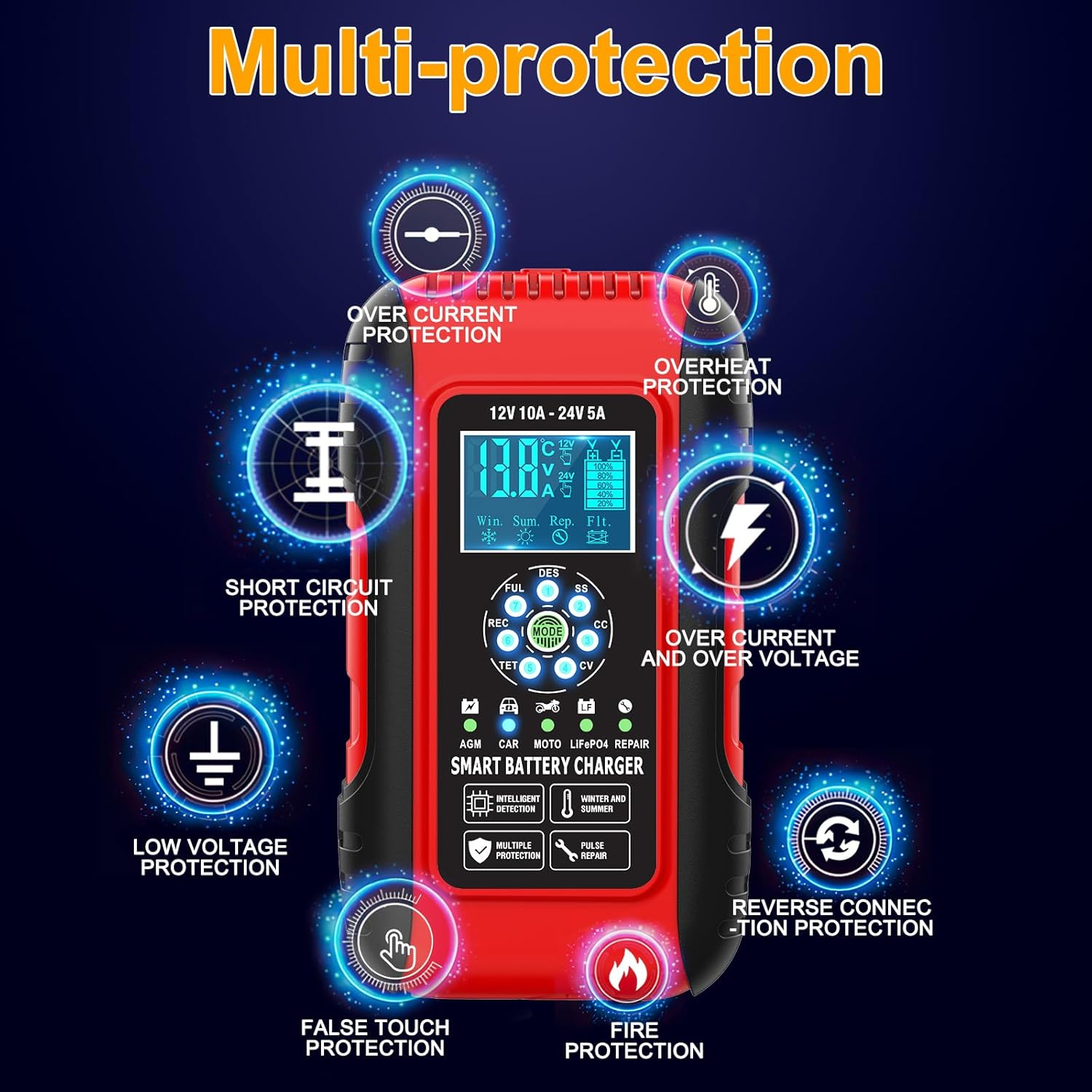 B-Qtech 10-Amp Car Battery Charger, 12V/24V Smart Fully-Automatic Battery Charger 7-Stage Maintainer with Pulse Repair Function for Car Motorcycle Lawn Mower Boat Marine Lead Acid Batteries（Au Plug） image number 4