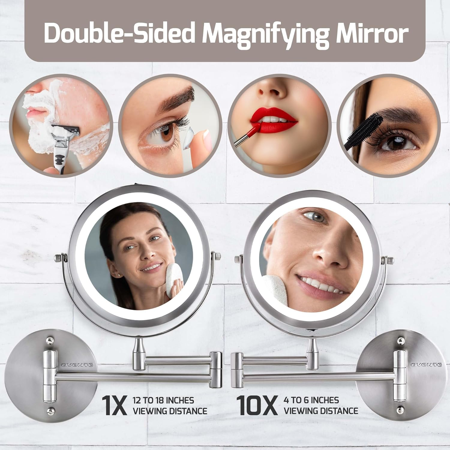Ovente Wall Mount Make up Mirror, LED Lighted, 1X/10X Magnification, 7.0 Inch, Nickel Brushed (MFW70BR) image number 5