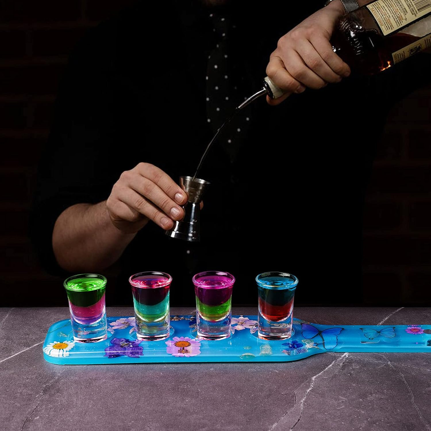 Niart Shot Glass Serving Tray DIY Epoxy Resin Art Silicone Casting Mold, 4 Holes Board Beer Flight Paddle Holder Wine Whiskey Tasting Sampler Hanger Agate Home Decor Gift Crafts Party Clubs UV Plaster image number 2