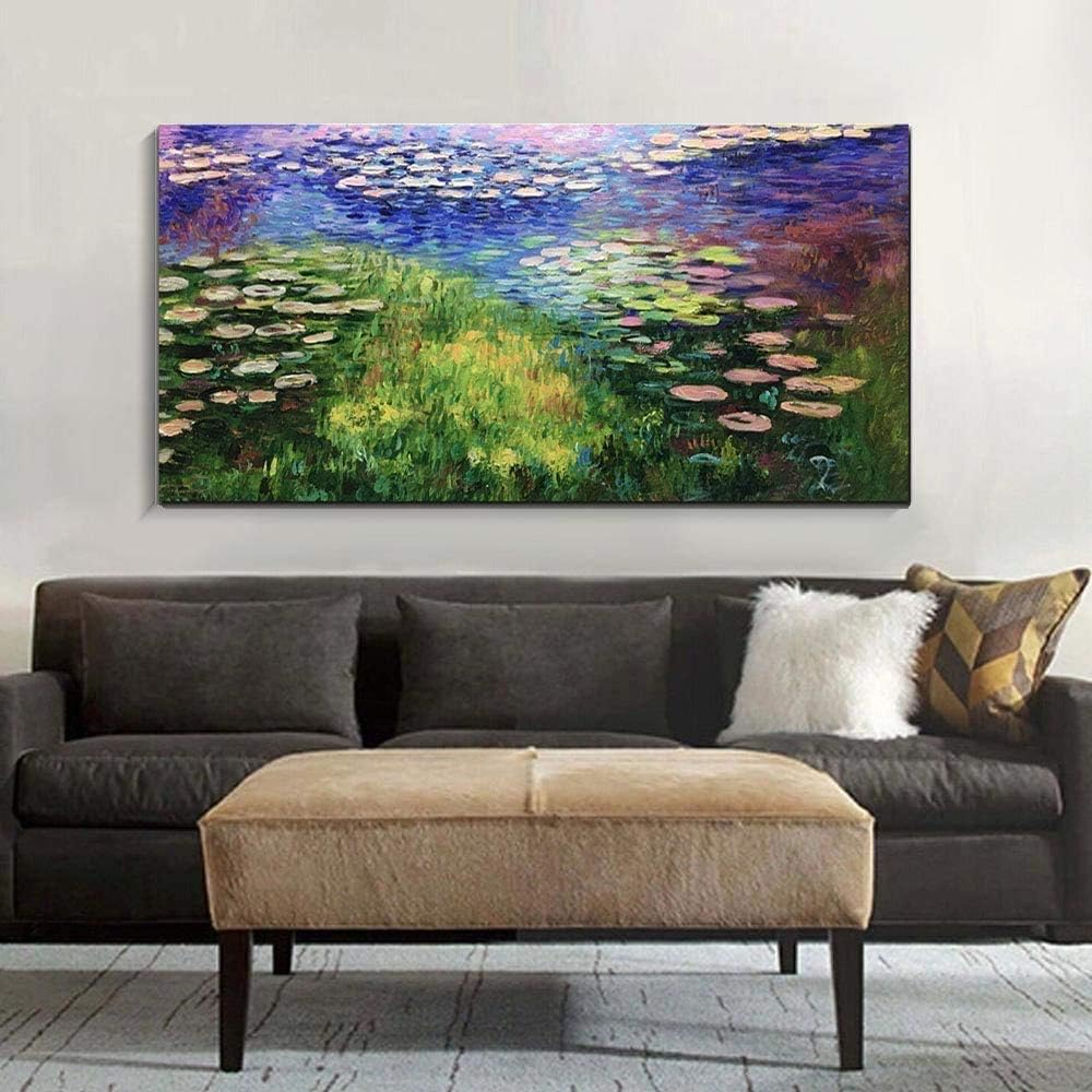 Framed Oil Painting,Hand Painted Modern Abstract Textured Big Wall Paintings,Can Be Hung Home Decoration Large Canvas Wall Art,Monet Style Water Lily Replica (80 X 40 Cm)