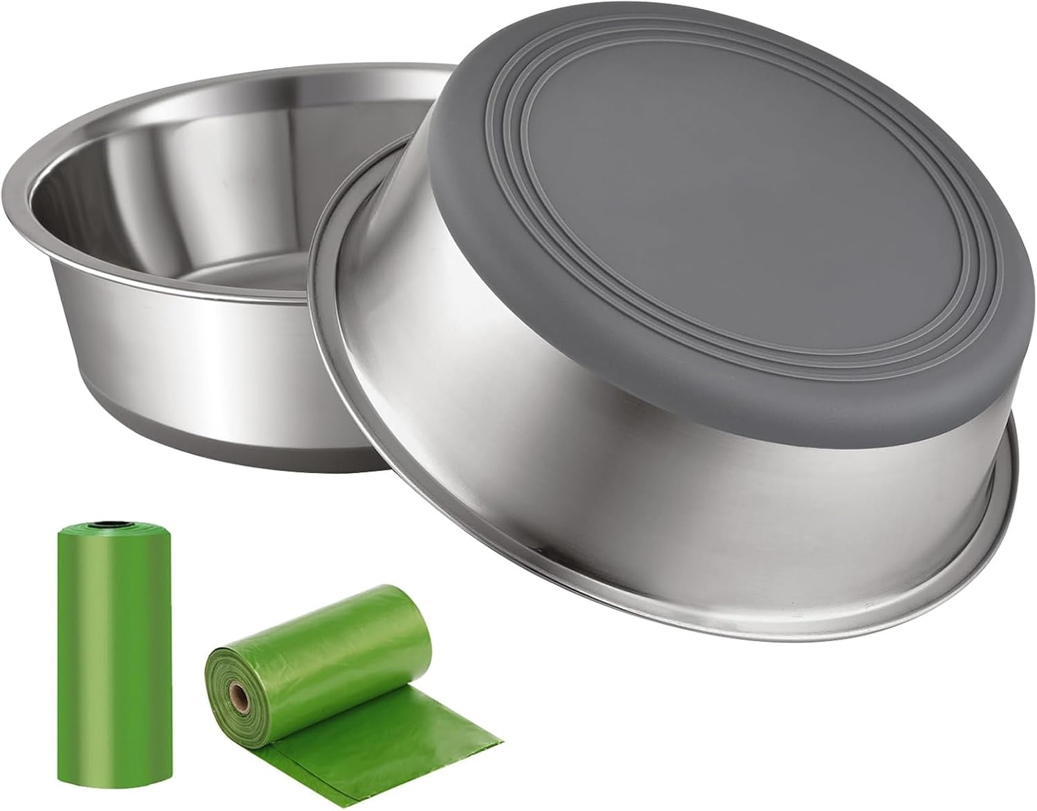 Pack of 2 Stainless Steel Dog Bowls, Food and Water, Non-Slip Rubber Base, Rust Resistant, Easy to Clean, Dishwasher Safe, Comes with Rubbish Bag, for Small, Medium, Large Dogs, Cats (900 Ml)