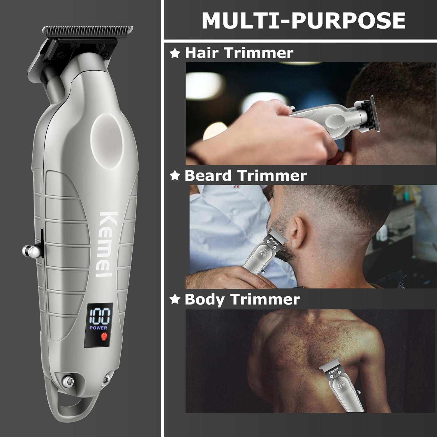 KEMEI 2293 Professional Hair/Beard Trimmer for Men Zero Gapped Hair Clippers for Barber with T Blade, Cordless Rechargeable, Silvery image number 2
