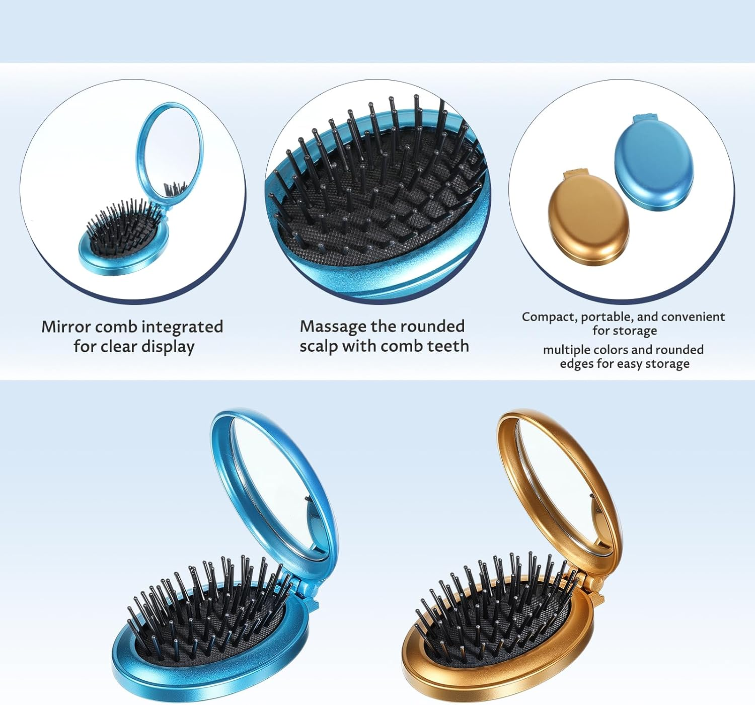 Foldable Hair Brush with Mirror, 2 Pcs Oval Mini Hair Brush Portable Travel Size Compact Hairbrush Small Anti-Static Pocket Comb Hair-Styling Tools for Women Home Travel Gym Purse (Gold, Blue) image number 3