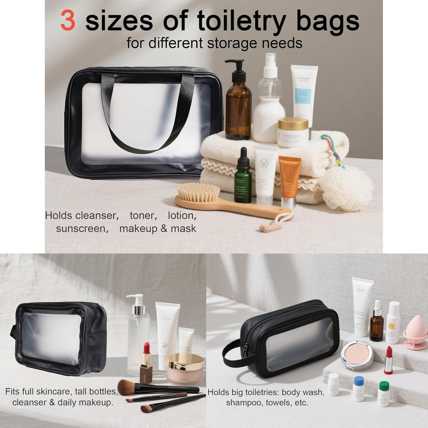 Gemuity Clear Travel Toiletry Bag Set - 6 Pack Multi-Size Transparent Organizer Pouches for Toiletries, Makeup, Electronics & Travel Essentials image number 3