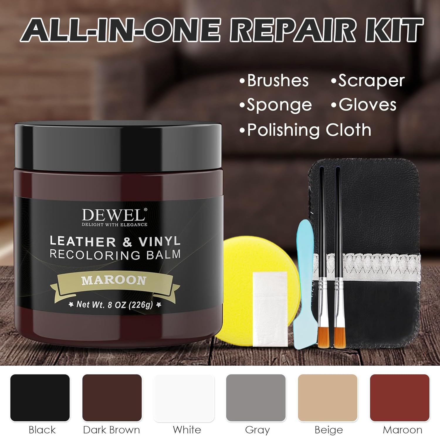 DEWEL Leather Repair Set Red Brown 200 G Car Leather Care Leather Colour Balm Faux Leather Repair Kit for Leather Restoration Cracks Holes of Sofas Cars Jackets Shoes image number 4