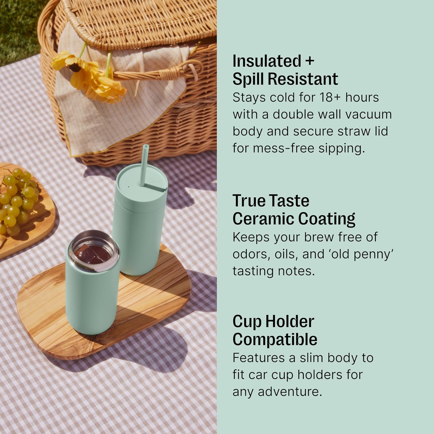 Fellow 20 Oz Carter Cold Water Bottle for Water, Iced Tea, Coffee, Smoothies, Iced Coffee & More - Stainless Steel Vacuum-Insulated Iced Coffee Tumbler with Spill Resistant Lid and Straw - Smoke Green - Peri Twinkle image number 7