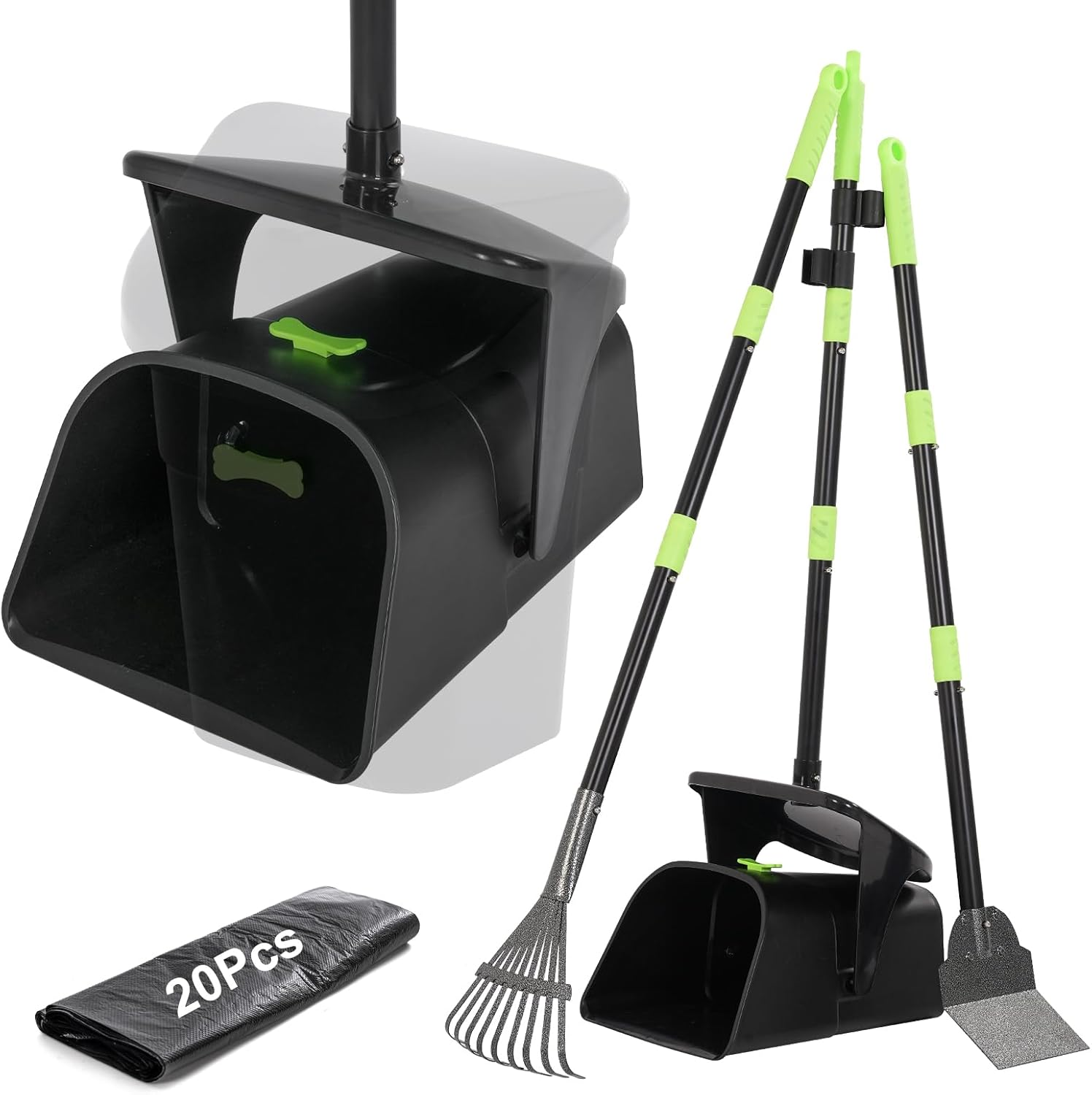 Long Handle Dog Poop Scooper Set with Swivel Bin, Rake & Spade - 97Cm Adjustable Poop Scoop - 20 Bags Included - No Bend Cleaning for Grass, Concrete & Gravel - Rustproof Stainless Steel image number 5