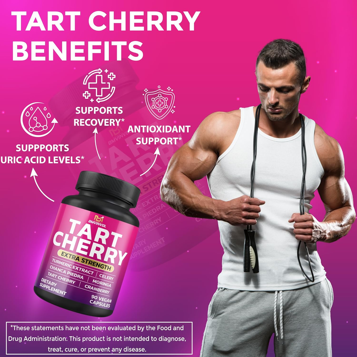 BMVINVOL Tart Cherry 20:1 Extract - plus Moringa, Chanca Piedra, Celery, Cranberry Extract and More - 90 Capsules - 3 Month Supply image number 1