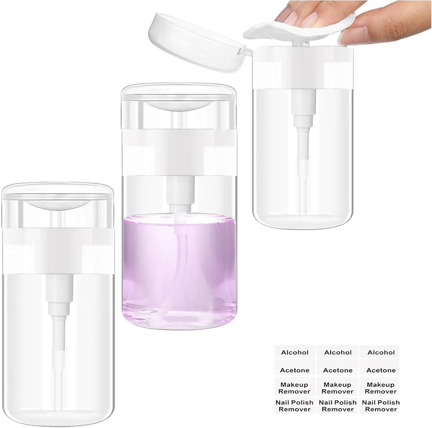 Push down Pump Dispenser 3Pack Nail Polish Remover Pump Bottles Alcohol Acetone Dispenser Clear Empty Pump Dispenser for Makeup Remover Travel Bottles with Stickers