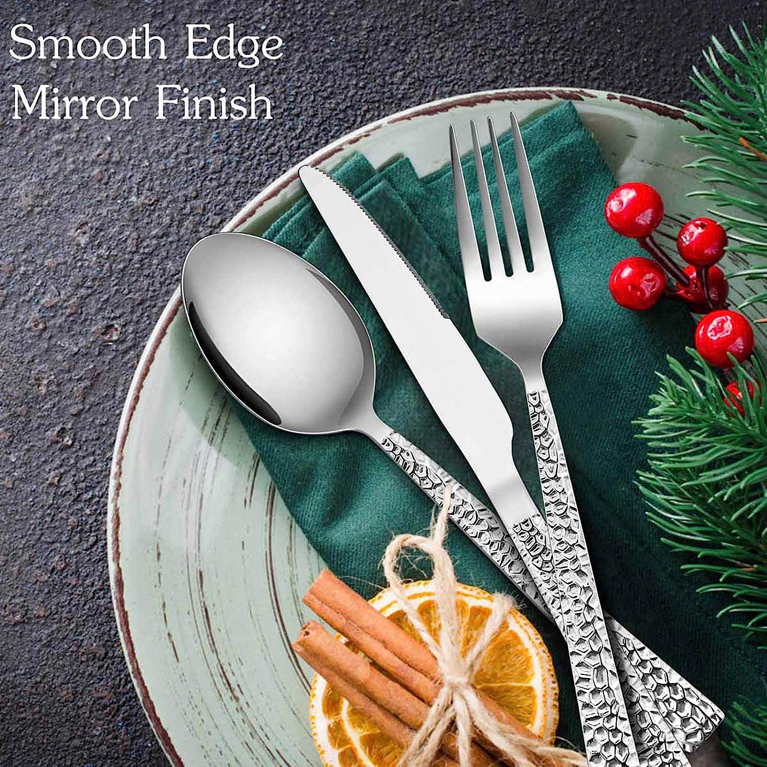 E-Far Hammered Silverware Set, 40-Piece Stainless Steel Square Flatware Set for 8, Metal Tableware Cutlery Set Includes Dinner Knives/Forks/Spoons, Modern Design & Mirror Polished - Dishwasher Safe image number 5