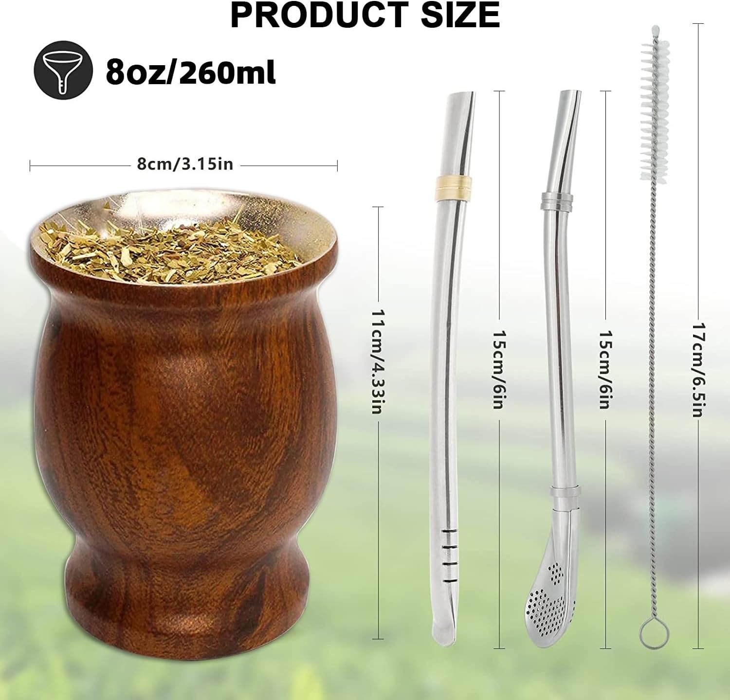 Yerba Mate Gourd Set, 8 Oz Stainless Steel Double Wall Yerba Mate Gourd Cup, Yerba Mate Tea Set for Mate Tea, Coffe, Drinks (Wood Color) image number 2