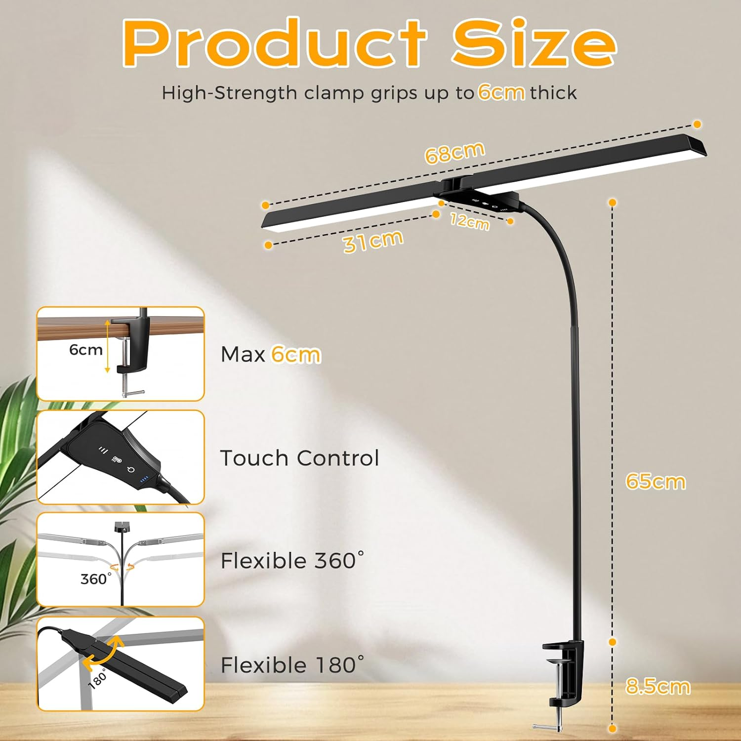 Quntis Desk Lamp for Home Office Study, 68CM Double Head Architect Desk Light with Clamp, 4 Colors & Brightness Dimmable Eye Care Table Lamp No Glare, Adjustable Gooseneck Task Lamp, Black