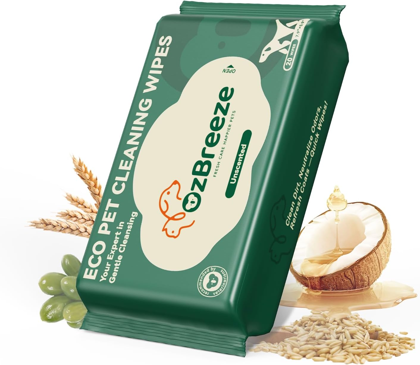 Ozbreeze Fresh Care Happier Pets Cleaning Wipes &ndash; Unscented Grooming Wipes for Dogs & Cats | Coconut Oil, Jojoba, Sea Buckthorn, Kakadu Plum, Oat | No-Rinse Needed | Travel Pack 15&times;20Cm, 7.9"X5.9"