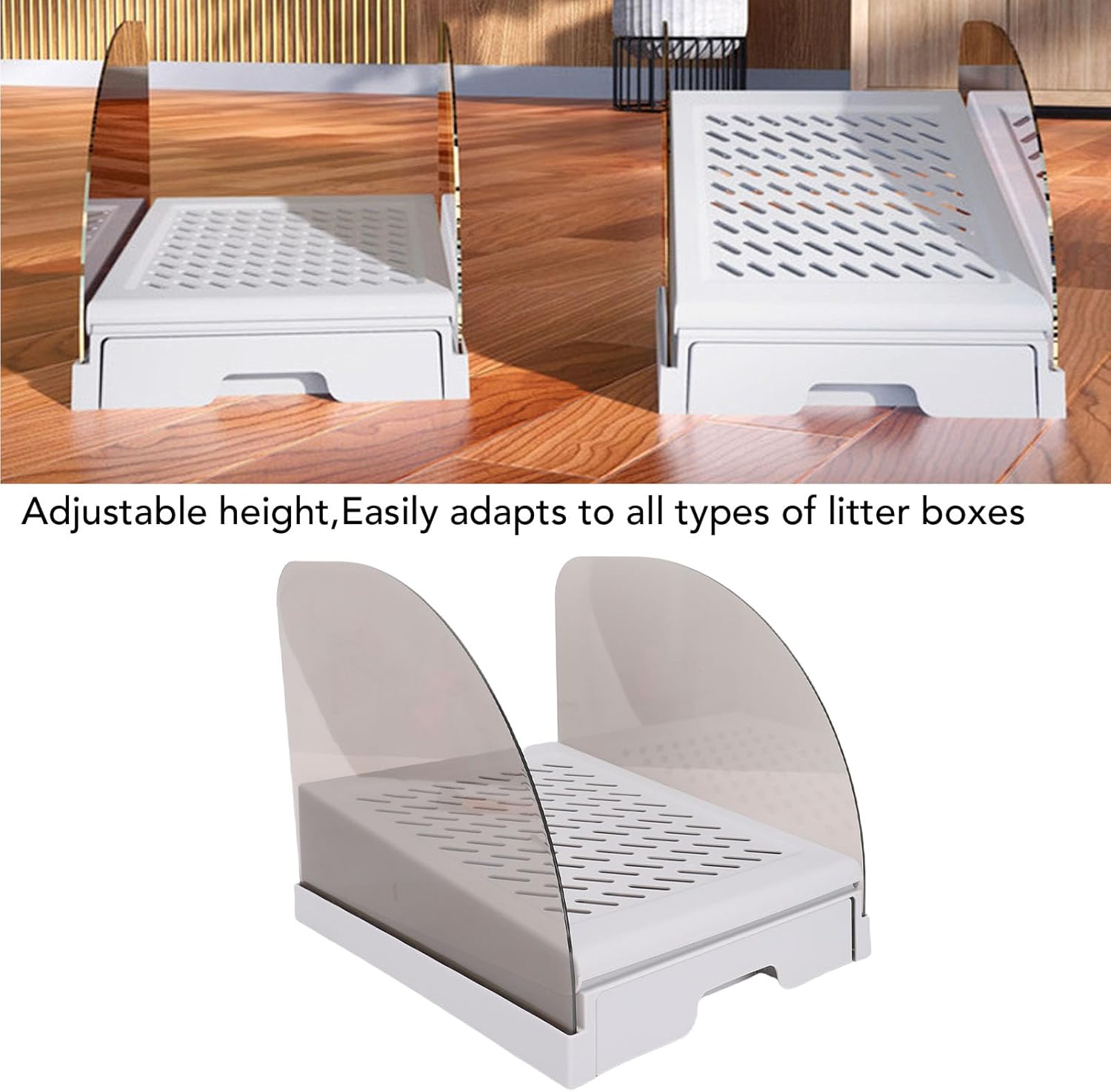 Cat Litter Box Ramp, Adjustable Height Litter Box Step Tool with Drawer and Baffles, anti Tracking and Easy to Clean, Elevated Stairs Easy Entry for Small Elderly Cats (Grey) - White image number 7