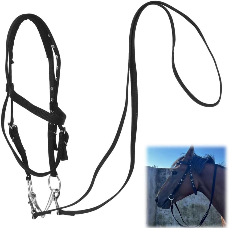 Nylon Halter for Horses,Large Size Black Sturdy Rope Halter Easy to Use,Optimal Horse Training Companion,Quick Change Design,With Adjustable Horse Reins,For Training and Riding Horse Tack Western image number 2