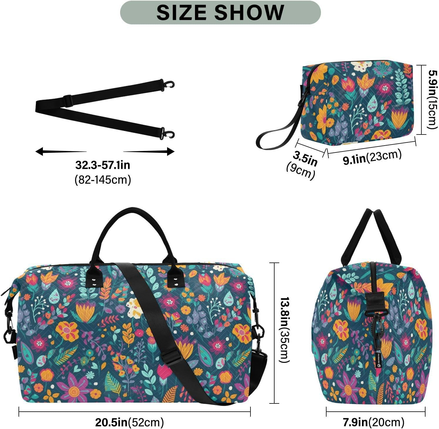 Large Bag Overnight Carry on Tote and Luggage Vintage Blue Colorful Floral Gym Duffel Bag with Adjustable Strap, Vintage Blue Colorful Floral, Set of 2, Art Deco