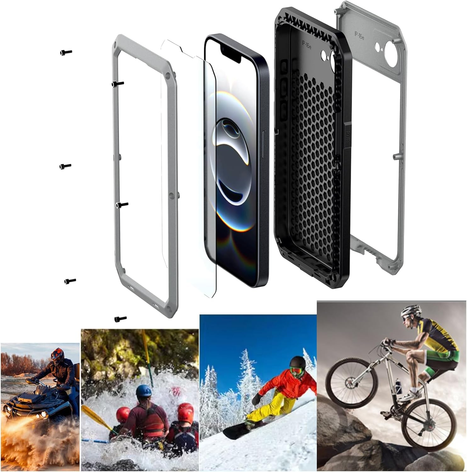 LOVE MEI Compatible with Iphone 16E Metal Case, Outdoor Sports Military Heavy Duty Shockproof Dustproof Hybrid Aluminum Silicone Tempered Glass Hard Case (Silver) image number 5