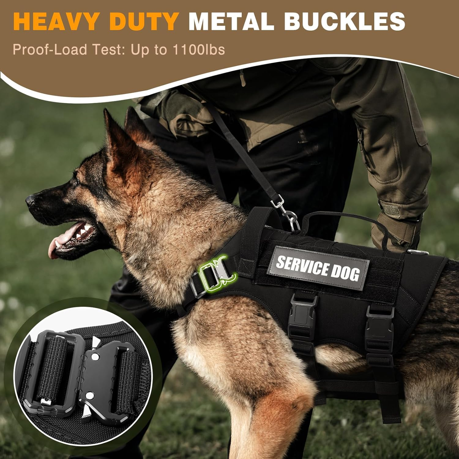 WINSEE Service Dog Vest Harness for Large Dog, Tactical Working MOLLE Vest with 10 Pet Patches, No Pull Heavy Duty Harness for Training Walking image number 4