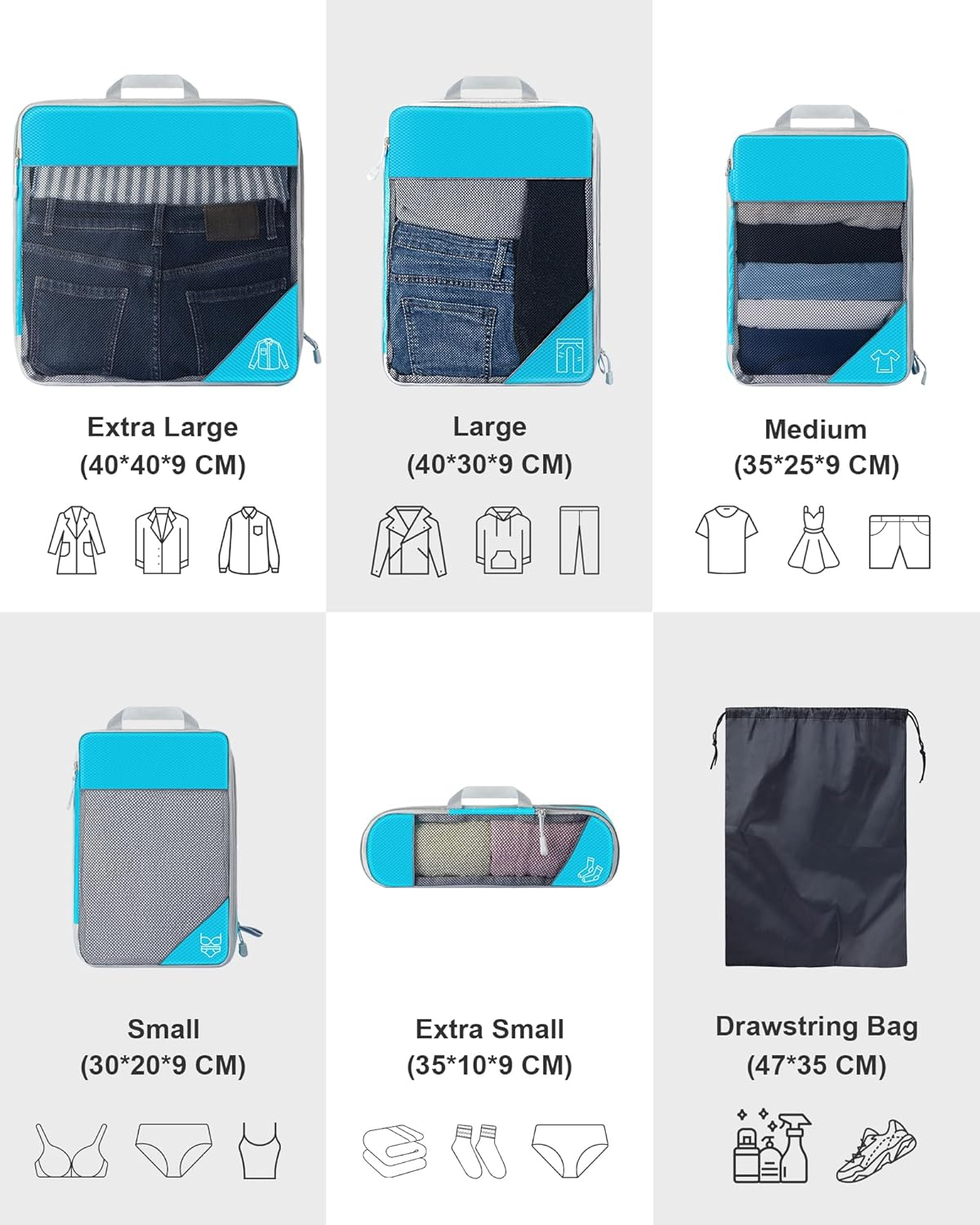 Compression Packing Cubes for Suitcases, Extensible Travel Packing Cubes, Mesh Luggage Suitcase Organizer Bags, Large Medium Small Slim Packing Cube, Travel Suitcase Accessories - Blue image number 3