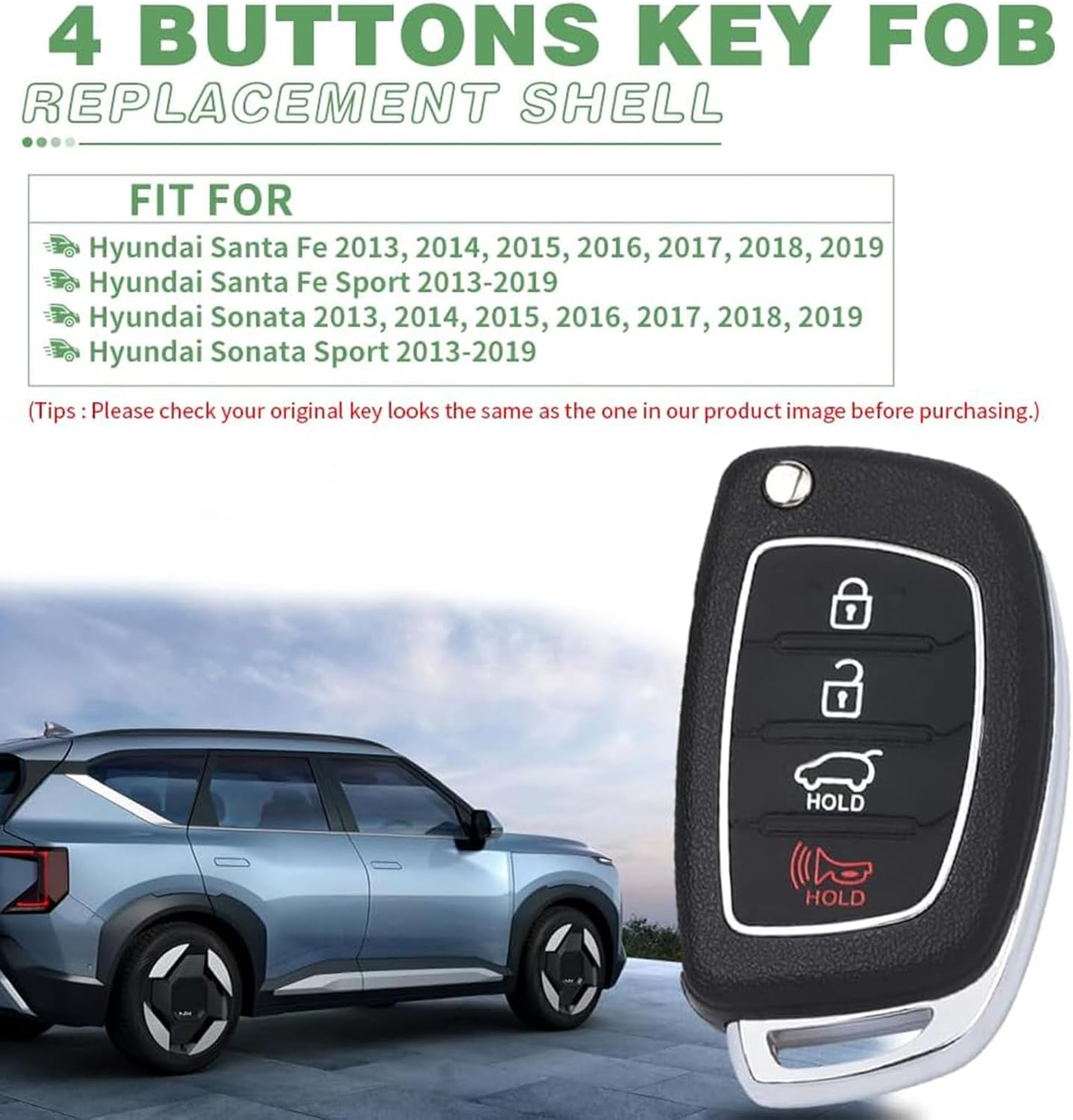 Key Fob Case 4 Buttons Car Key Shell Replacement for Hyundai Sonata Santa Fe Sport 2020 2019 2018 2017 2016 2015 2014 2013 Keyless Entry Remote Control Folding Flip Car Key Fob Cover Shell