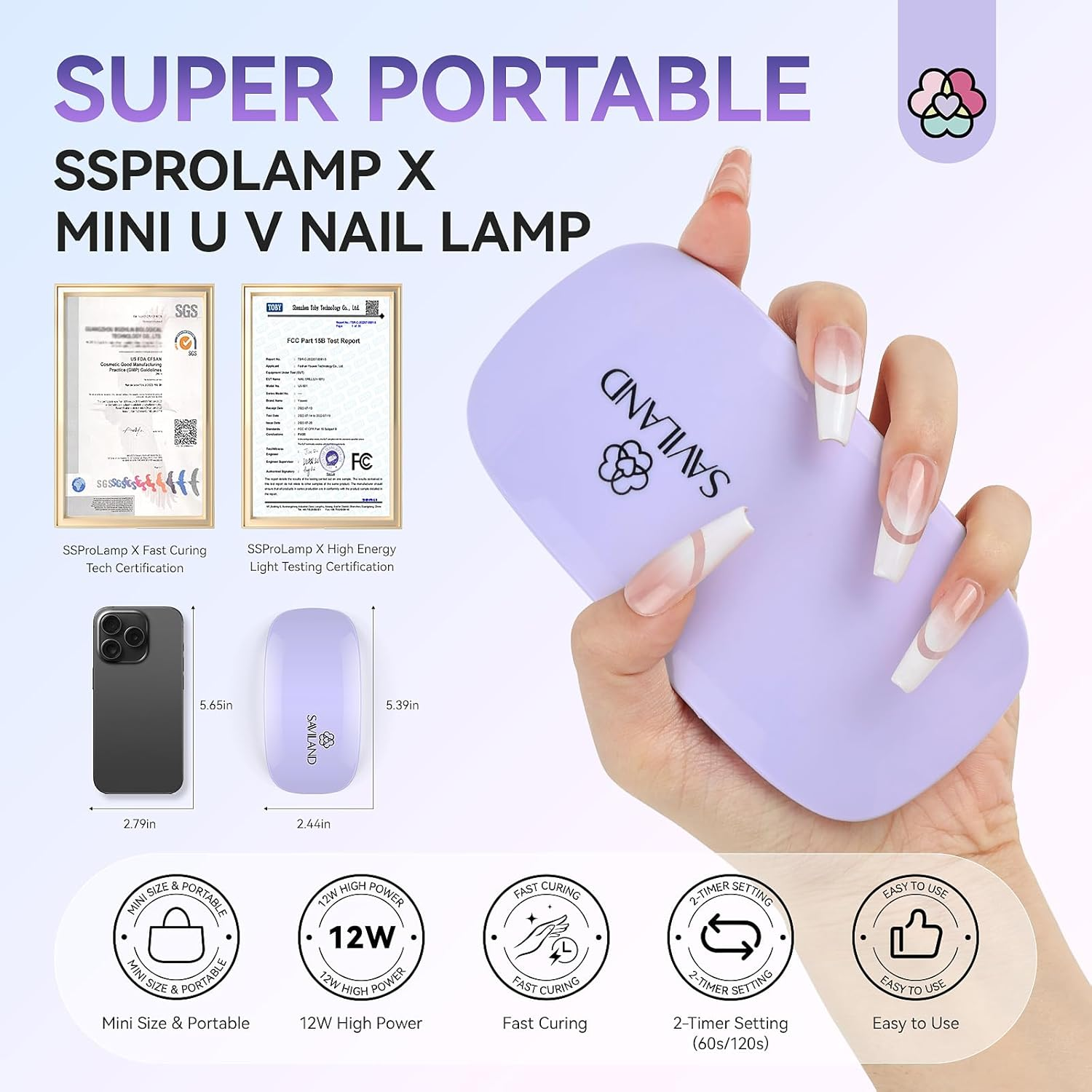 SAVILAND Nail Lamp for Gel Polish: 12W Mini Portable U V Light for Gel Nails Fast Curing Nail Light 2 Timers Gel Lamp USB Interface Gels Lamp Folding Design Personal DIY Home Traveling Use image number 6
