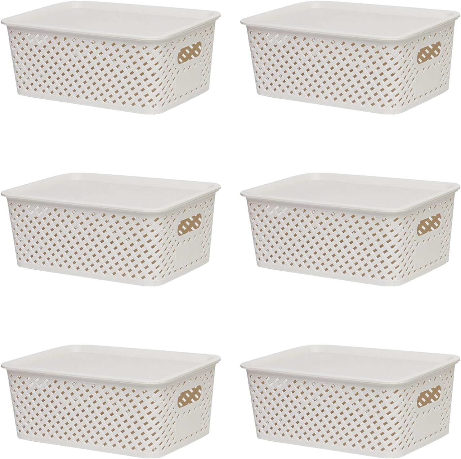 6-Pack Plastic Storage Baskets, Stackable Weave Baskets, Household Sundries Storage Baskets for Organizing Closets, Cabinets, Pantries, Shelves and Countertop Space (6 Pack-White-Plastic Lid) image number 4