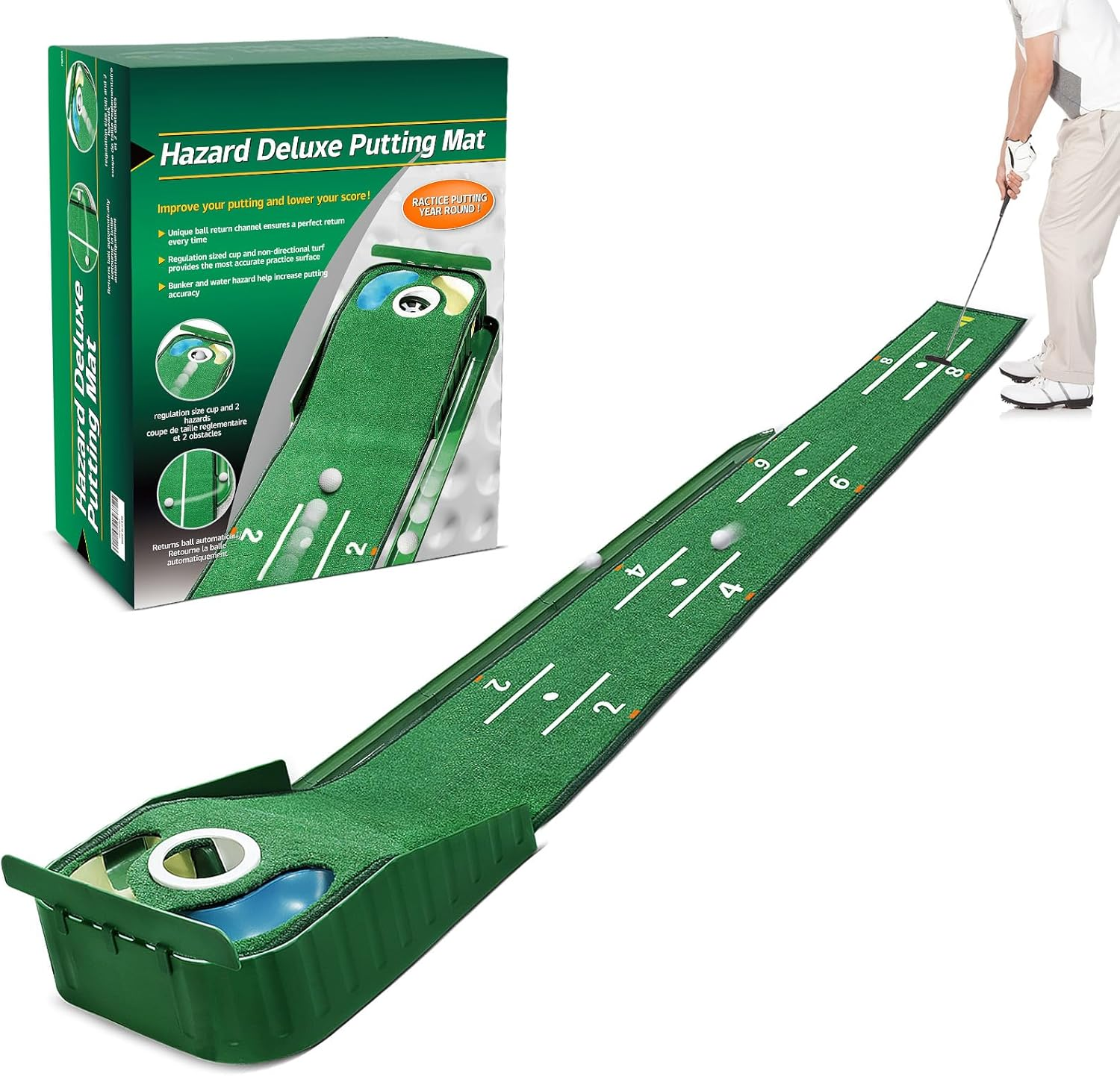 Golf Putting Mat, Green for Indoors, Matt with Ball Return and 3 Holes, Training and Practice Aid at Home or Office, Gifts Accessories for Men image number 5