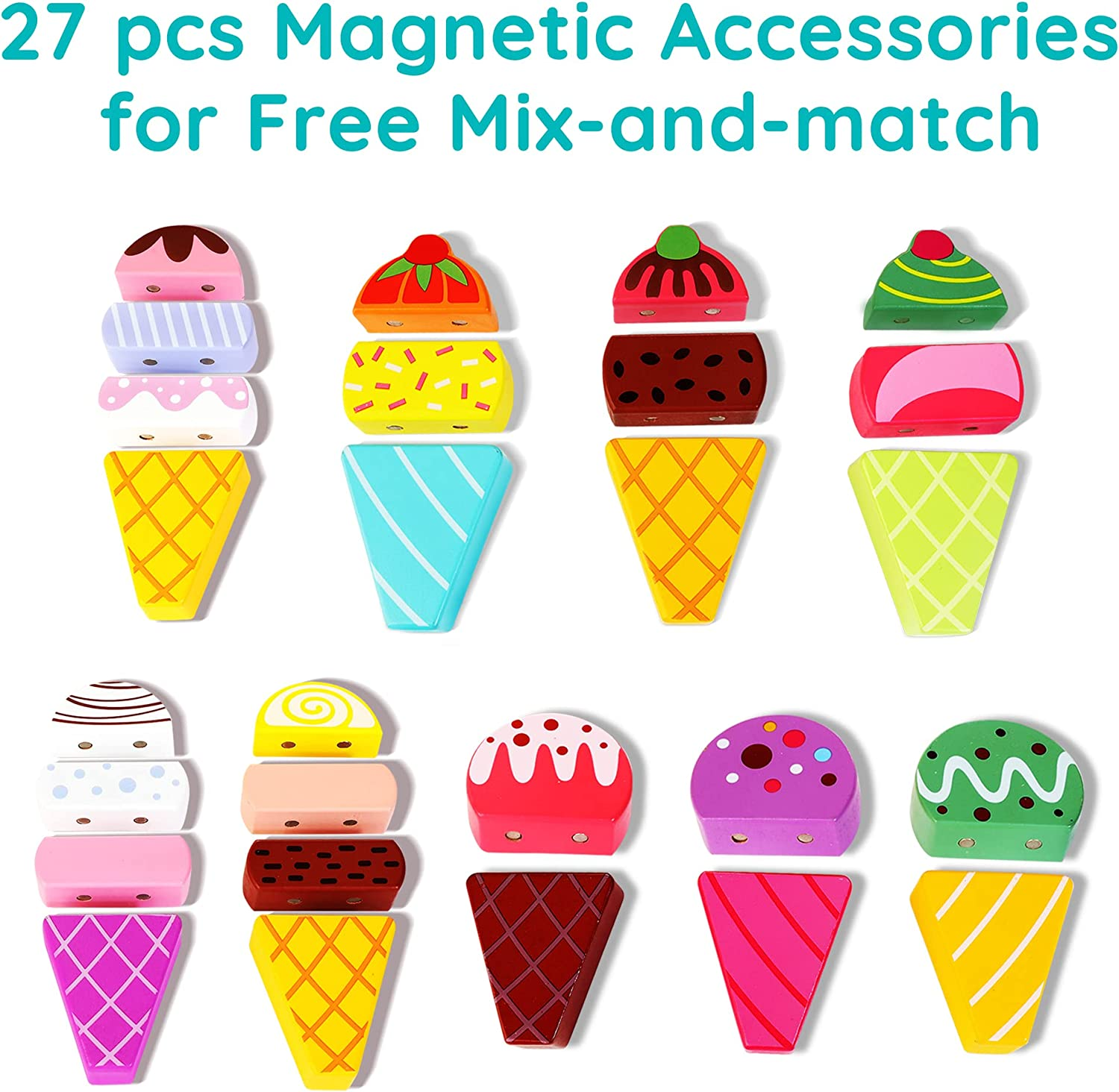 Wooden Ice Cream Truck, 28 Pcs Ice Cream Sweet Treats Pretend Play Food & Accessories, Montessori Sorting & Stacking Toys for Toddler Girls & Boys Age 2-5&hellip;