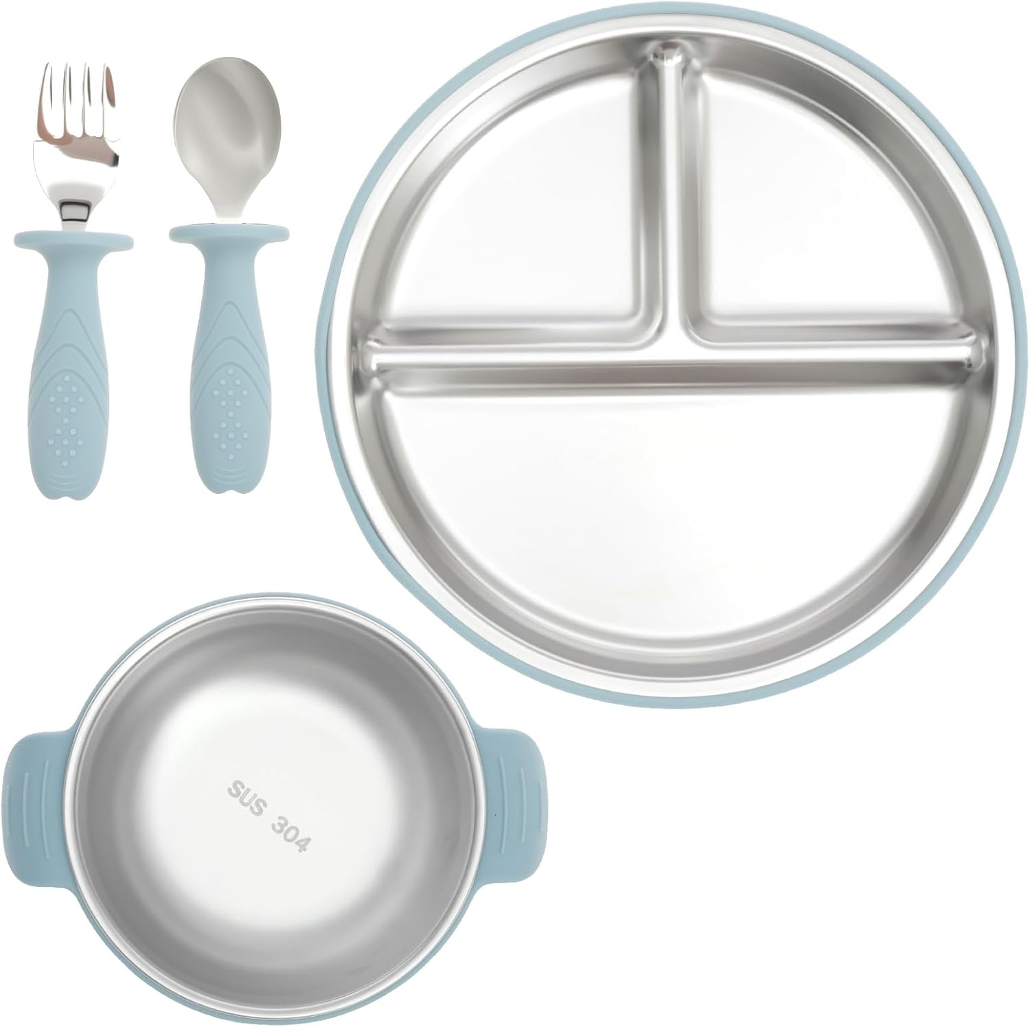 4 Pcs Stainless Steel Kids Plates Set Includes Plate Bowl Fork and Spoon, Creative Divided Food Tray, Dishwasher Safe Baby Feeding Set for Home Picnic Outdoor Activity (Light Blue)
