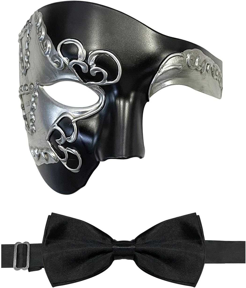 Hyperfun Masquerade Mask for Men Phantom of the Opera Half Face Mask with Bowtie, Vintage Venetian Masks for Costume Parties