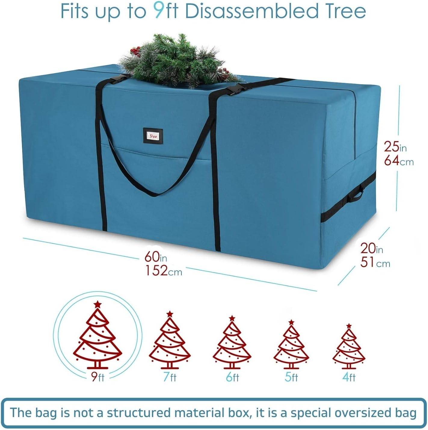 Hearth & Harbor Christmas Tree Storage Bag &ndash; Waterproof Christmas Tree Storage Box &ndash; Waterproof Christmas Tree Bag with Reinforced Handles & Dual Zipper &ndash; 600D Oxford &ndash; 9 Ft. &ndash; Pack of 1 image number 3