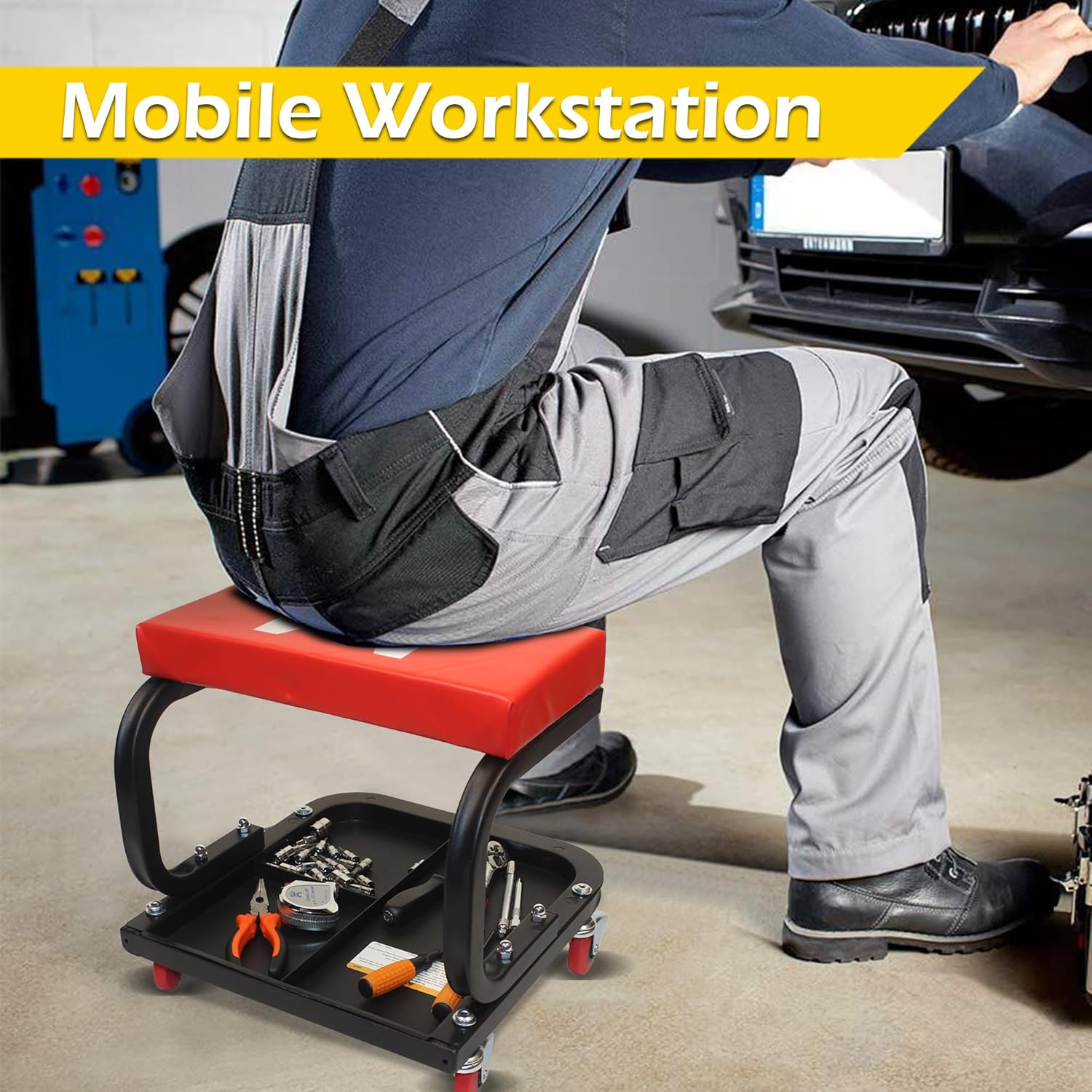 Maxworks 50875 Mechanics Roller Seat, 250 LBS Capacity Padded Rolling Workshop Stool with Tool Tray Storage for Garage, Shop, Auto Repair