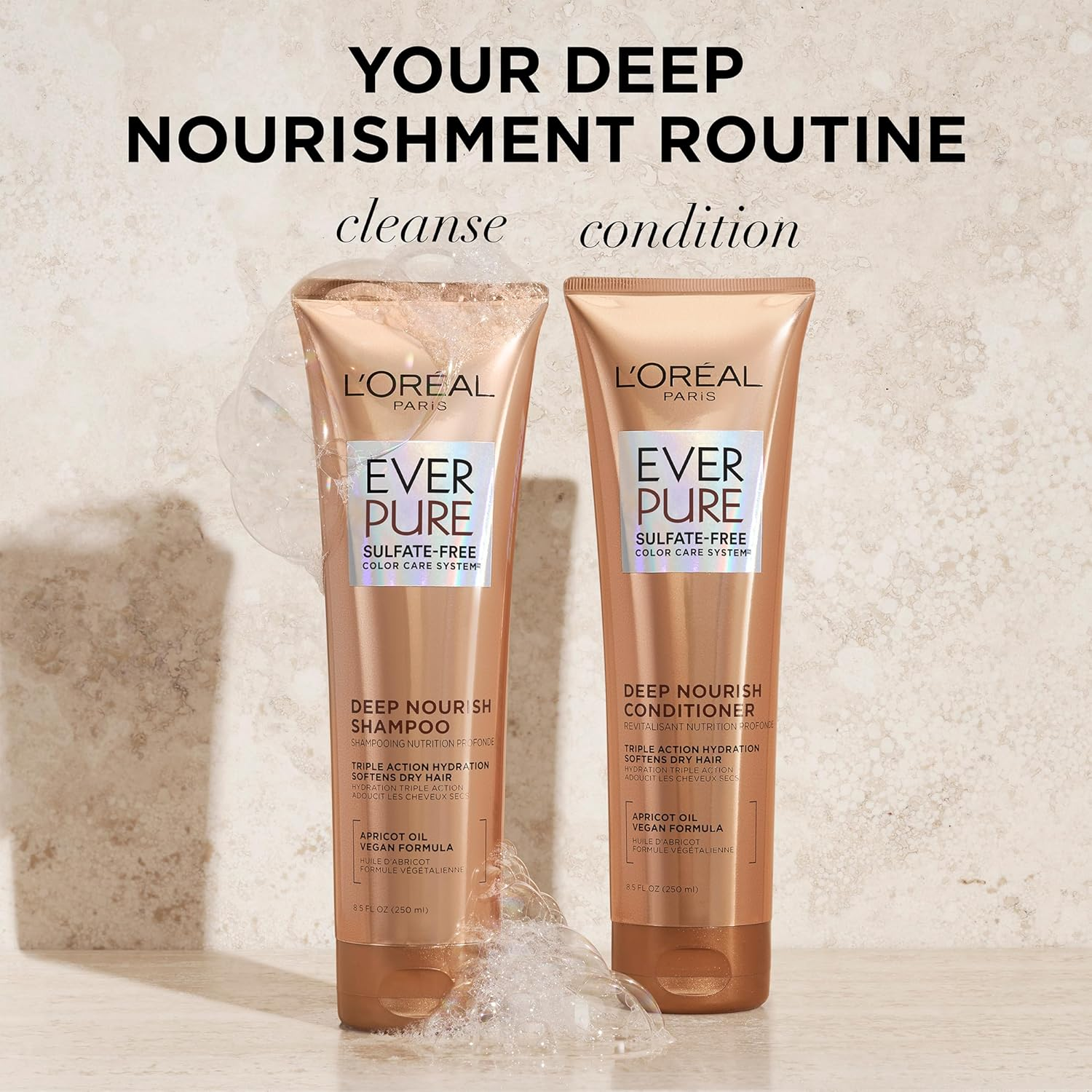 L'Oreal Paris Sulfate Free Shampoo and Conditioner for Dry Hair, Triple Action Hydration for Dry, Brittle or Color Treated Hair, Apricot Oil Infused Hair Care, Everpure, 8.5 Fl Oz, Set of 2 image number 1