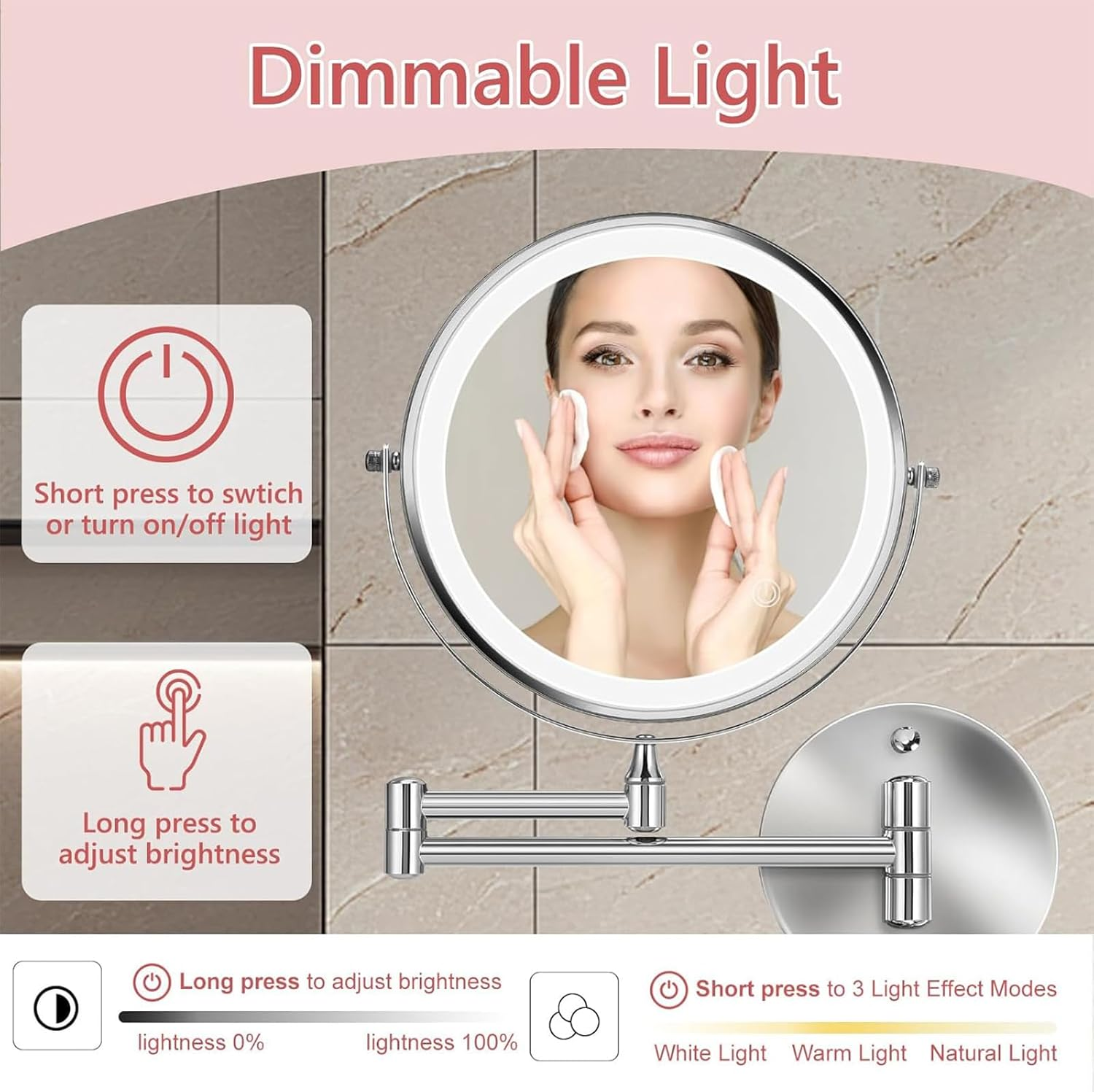 Wall Mounted Lighted Makeup Mirror, 8" Rechargeable Double-Sided Light up Magnifying Mirror 1X/10X, 3 Colors Led Vanity Mirror with Lights, Touch Dimmable 360&deg; Rotation Foldable