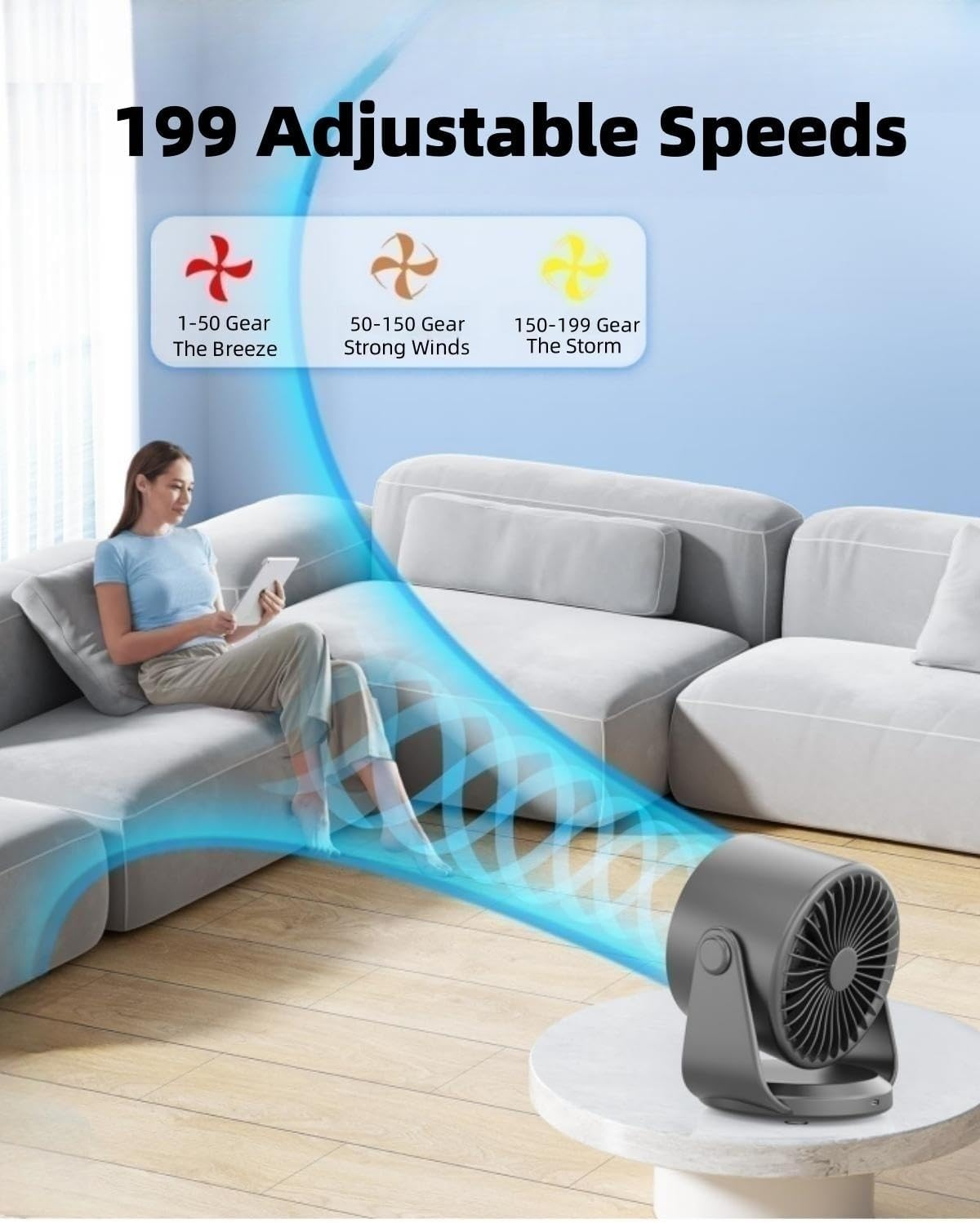 TUXOIUBA Desk Fan with Battery Operated, Turbo Table Fan for Bedroom, 4-Speed Digital Display, Low Noise, 105&deg; Adjustable Tilt, Personal Desktop Fan for Bedroom Office, Black image number 6