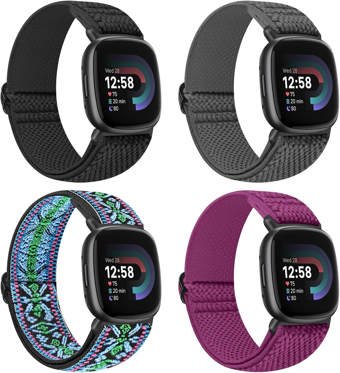 Compatible with Fitbit Versa 3/Fitbit Versa 4 /Fitbit Sense/Fitbit Sense 2 Bands for Women Men,Adjustable Stretchy Solo Loop Elastic Nylon Sport Strap for Versa 4/Versa 3/Sense 2/Sense