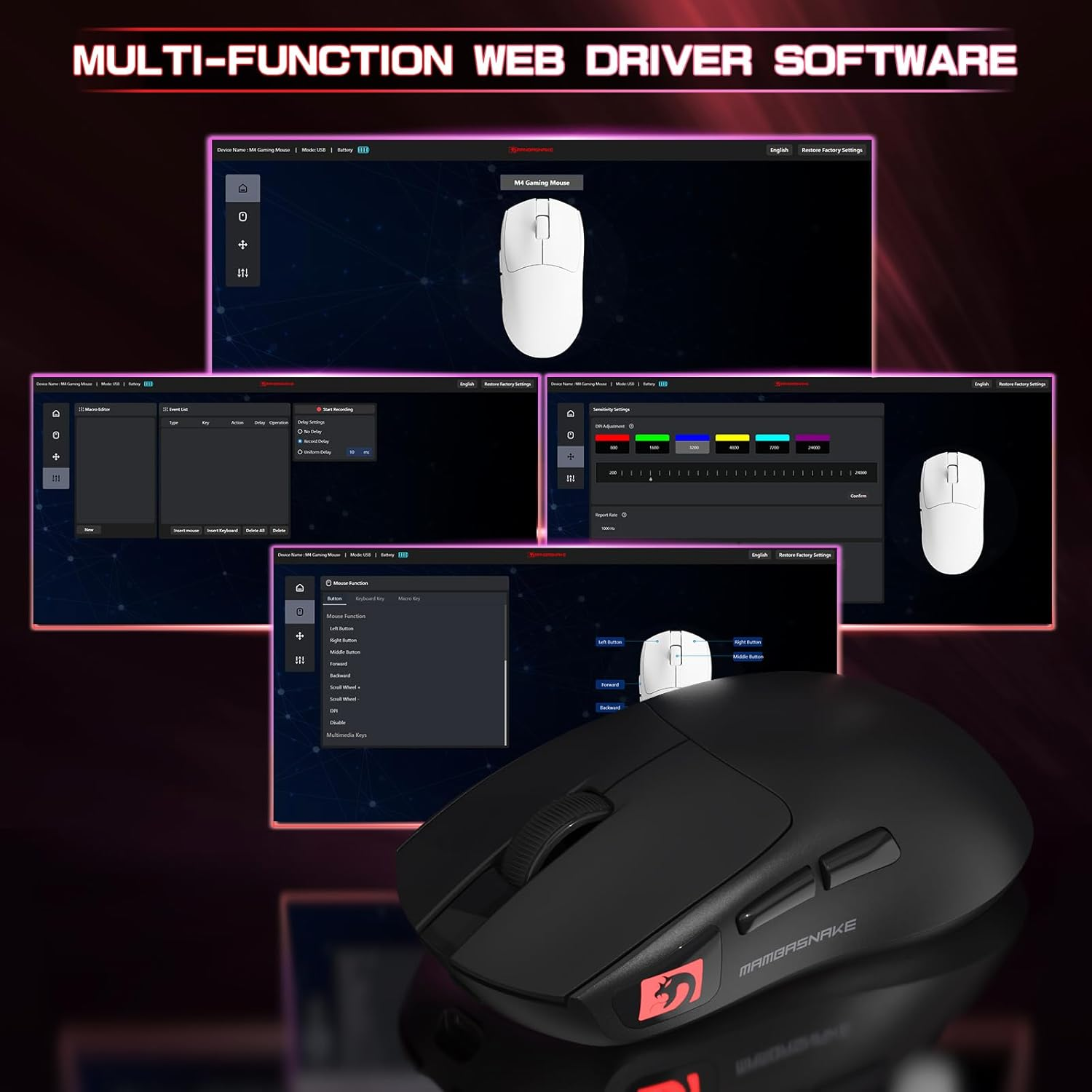 MAMBASNAKE M4 Ultra-Light Wireless Gaming Mouse, 53G, PAW3311 Sensor, 24000DPI, Tri-Mode Bluetooth/2.4G/Wired, RGB Lighting, 400Mah Battery, 20M Clicks (Black) image number 2