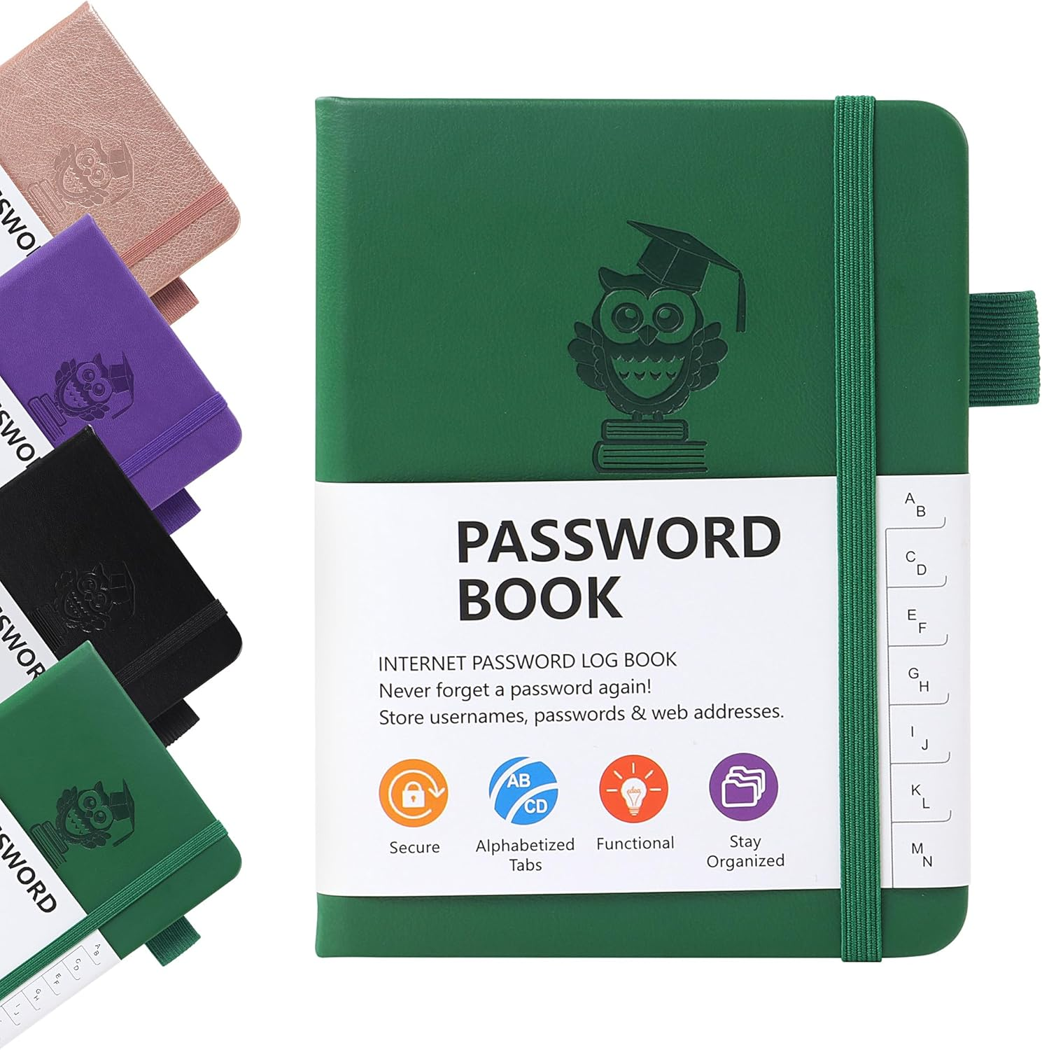 JUNART 4Colors A6 Password Book with Alphabetical Tabs and Elastic Pen Loop, PU Leather Cover, Secure Organizer for Home, Office and Travel（Purple）